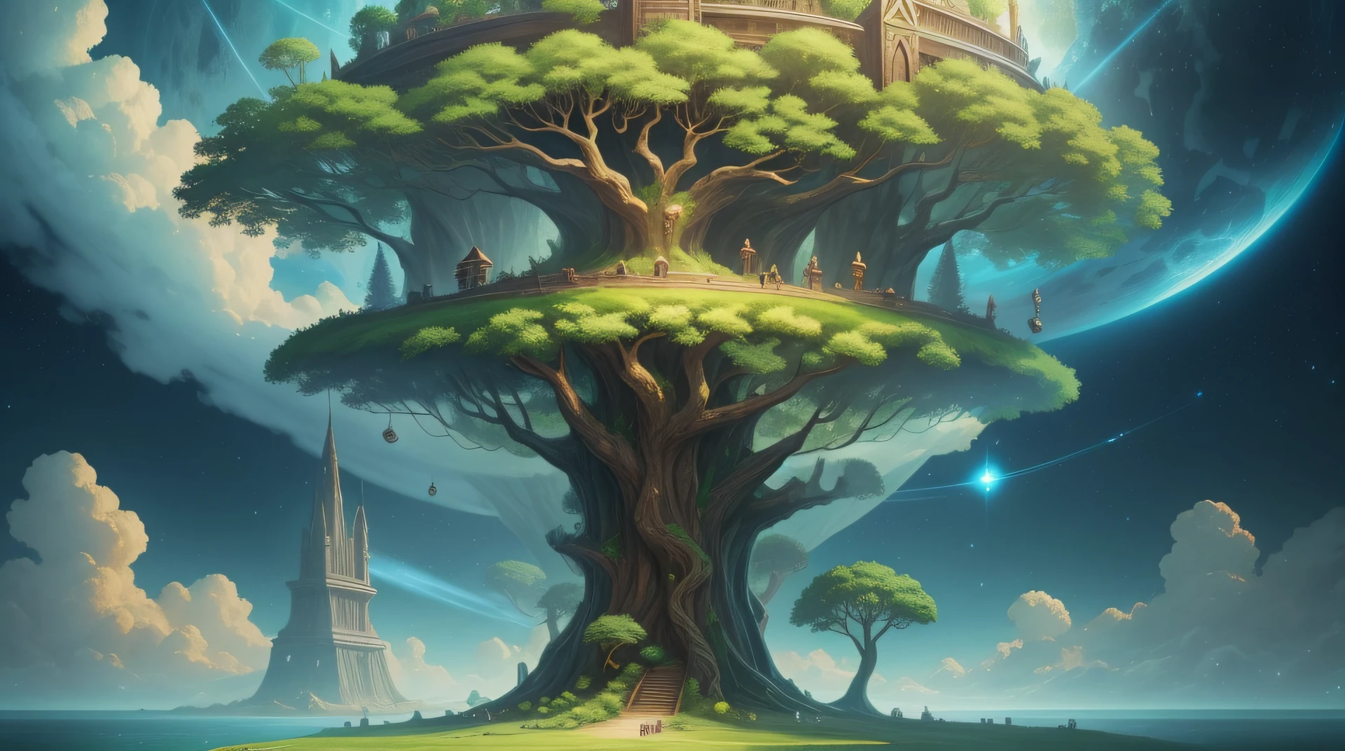 The massive, life-filled world tree grows on an empty island floating in the sky, with elves flying next to it
