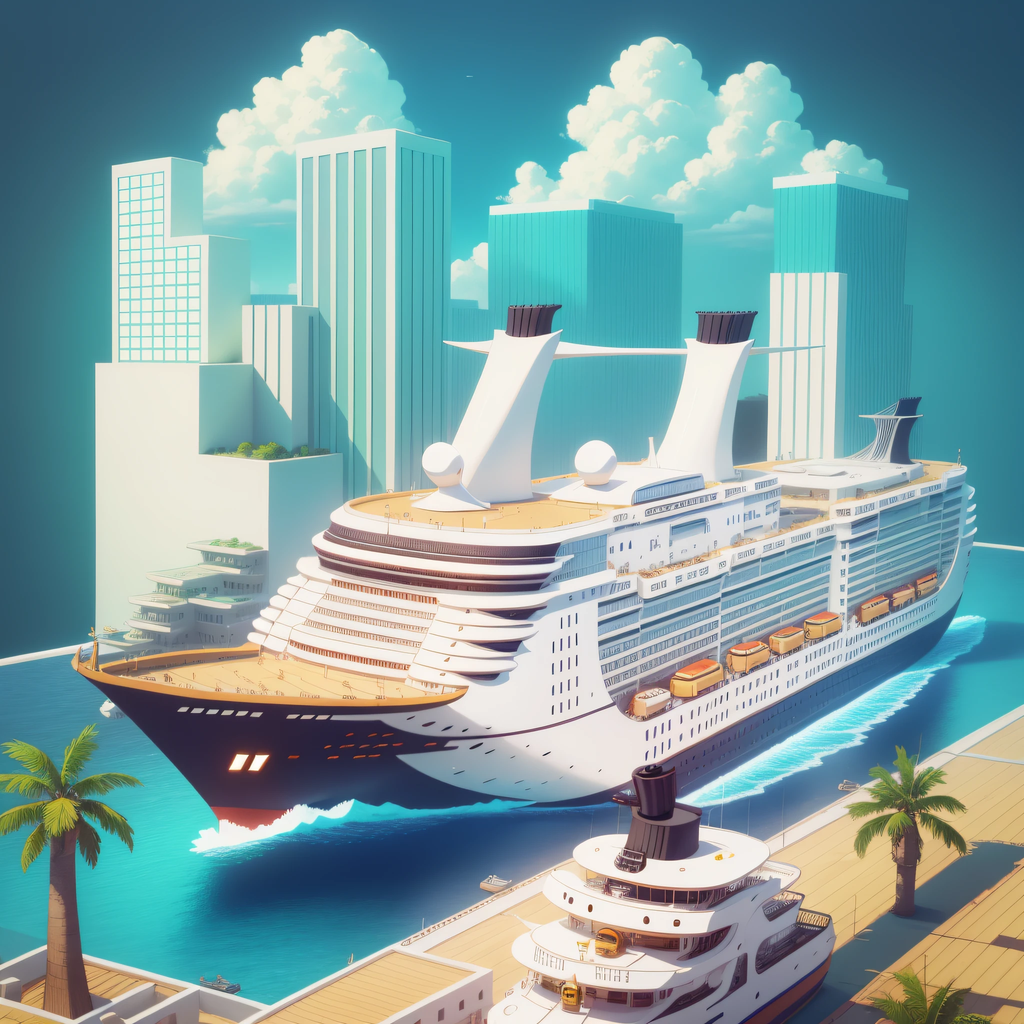 Flat illustration, top view, square cruise ship, simulation business scene, architectural scene, cute, detail, HD, movie quality