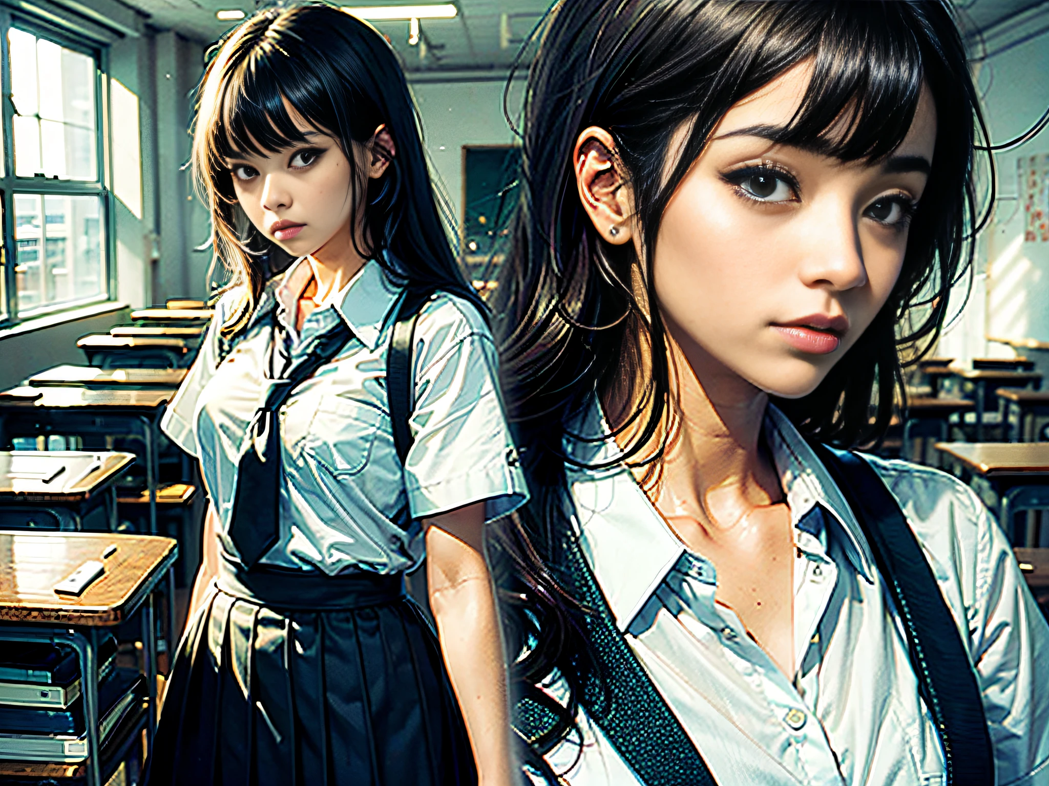 ((masterpiece, best quality)) 1 woman, main view, black eyes, school uniform, classroom, unhappy,