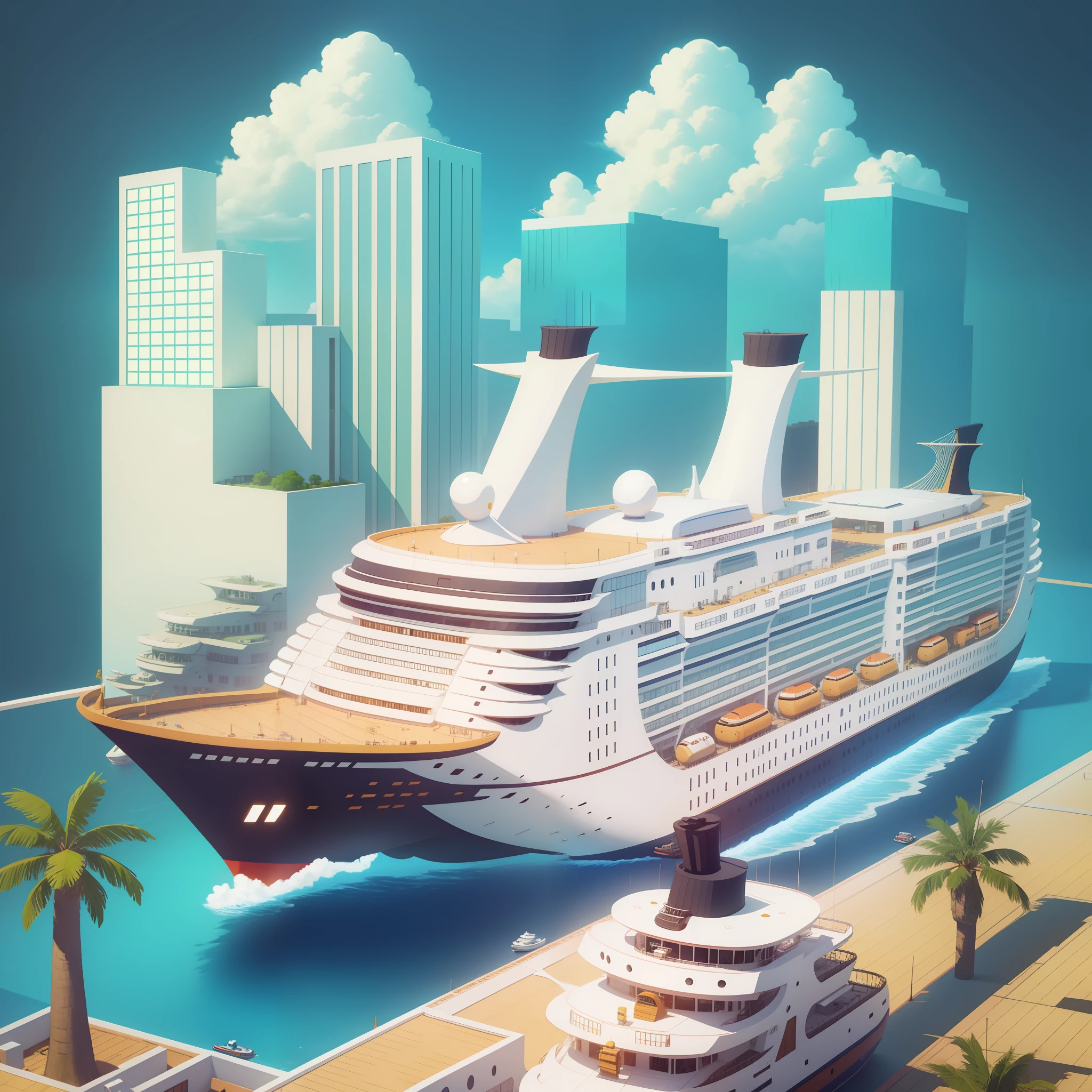 Flat illustration, top view, square cruise ship, simulation business scene, architectural scene, cute, detail, HD, movie quality