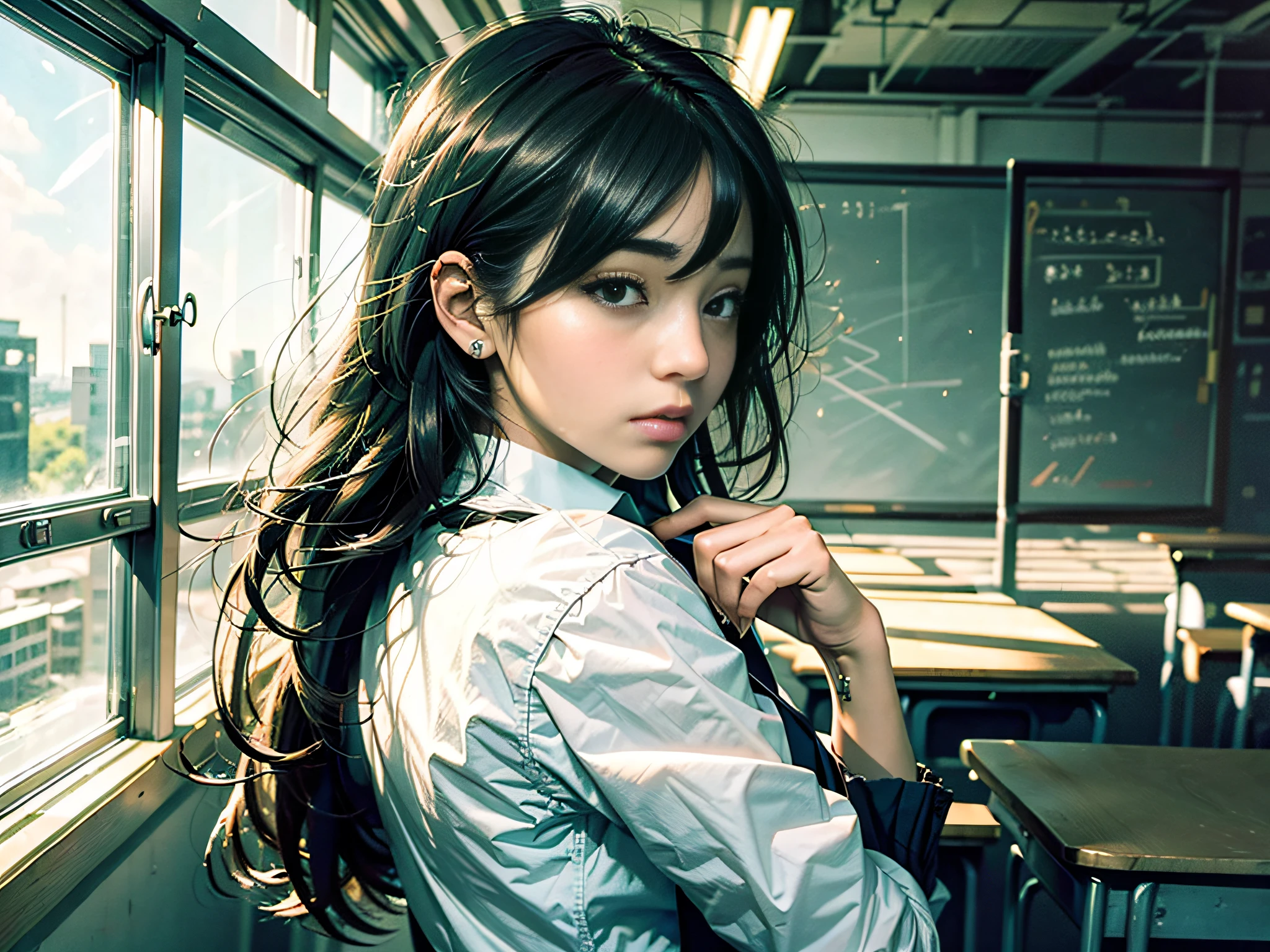((Masterpiece, Best Quality)) 1 woman, main view, black eyes, school uniform, classroom, unhappy