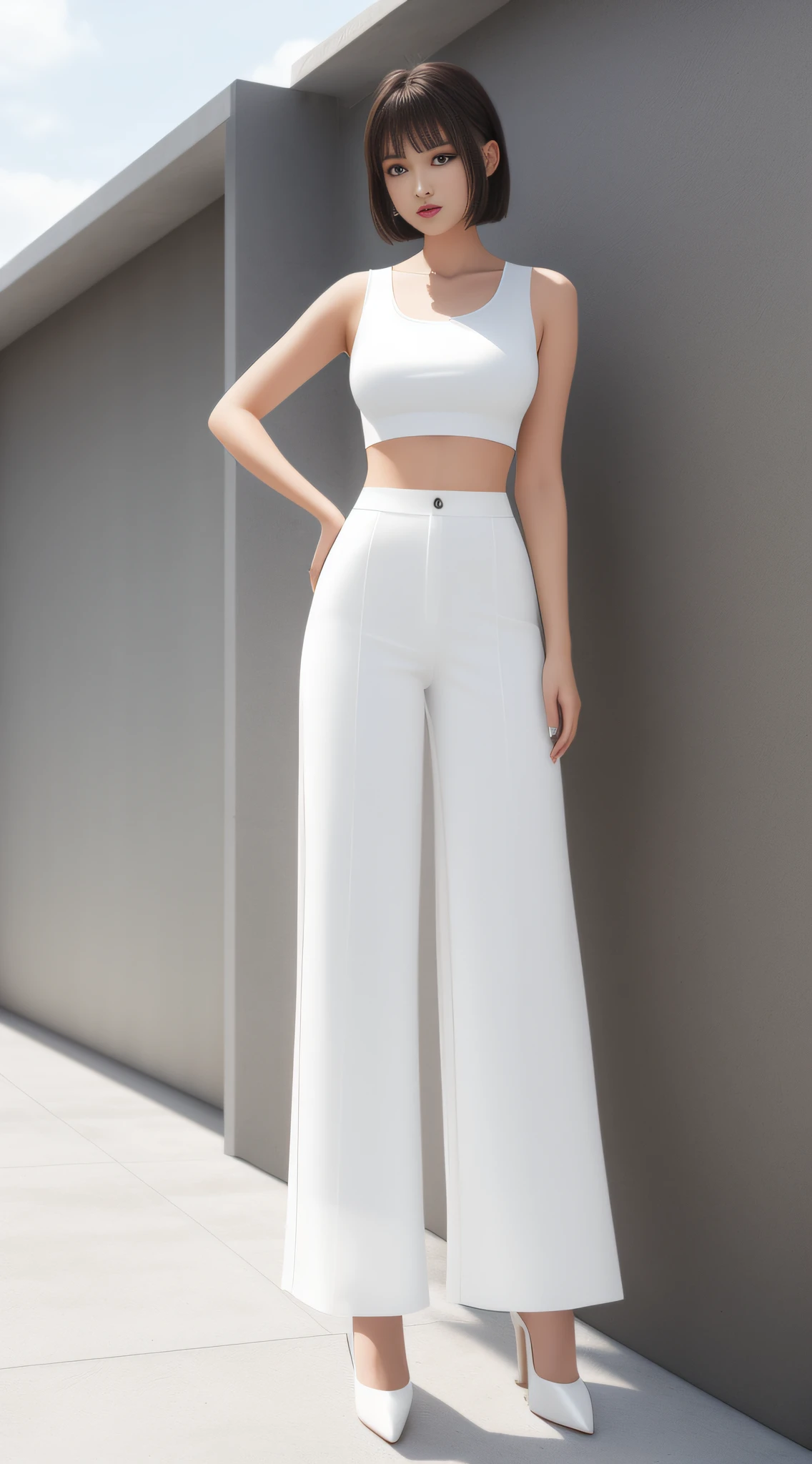 1 girl, (white top) (shirt), mesh wide-leg pants, best quality, masterpiece, (realism: 1.2), high heels, short hair, front, ((full body))