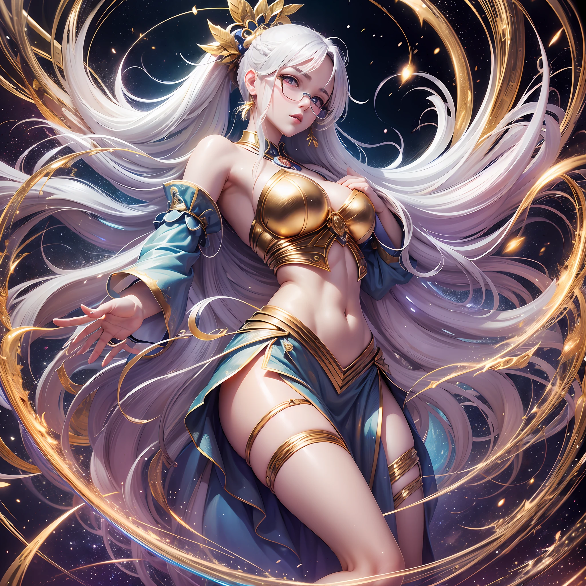 very cool intelligent beauty, silver glasses, a bare mini-length shrine maiden costume, anime, manga, illustration, fantasy, white silver glossy flowing layered wavy long hair, french braid ponytail, sparkling glossy gold big eyes, huge breasts, abs, slender, full body, background galaxy brilliant magic circle, give off rainbow and gold neon light many lines radially from floor and ceiling, portrait, animification, high resolution, best quality, very high image quality, ultra detailed, hyper realistic, photorealistic --auto --s2