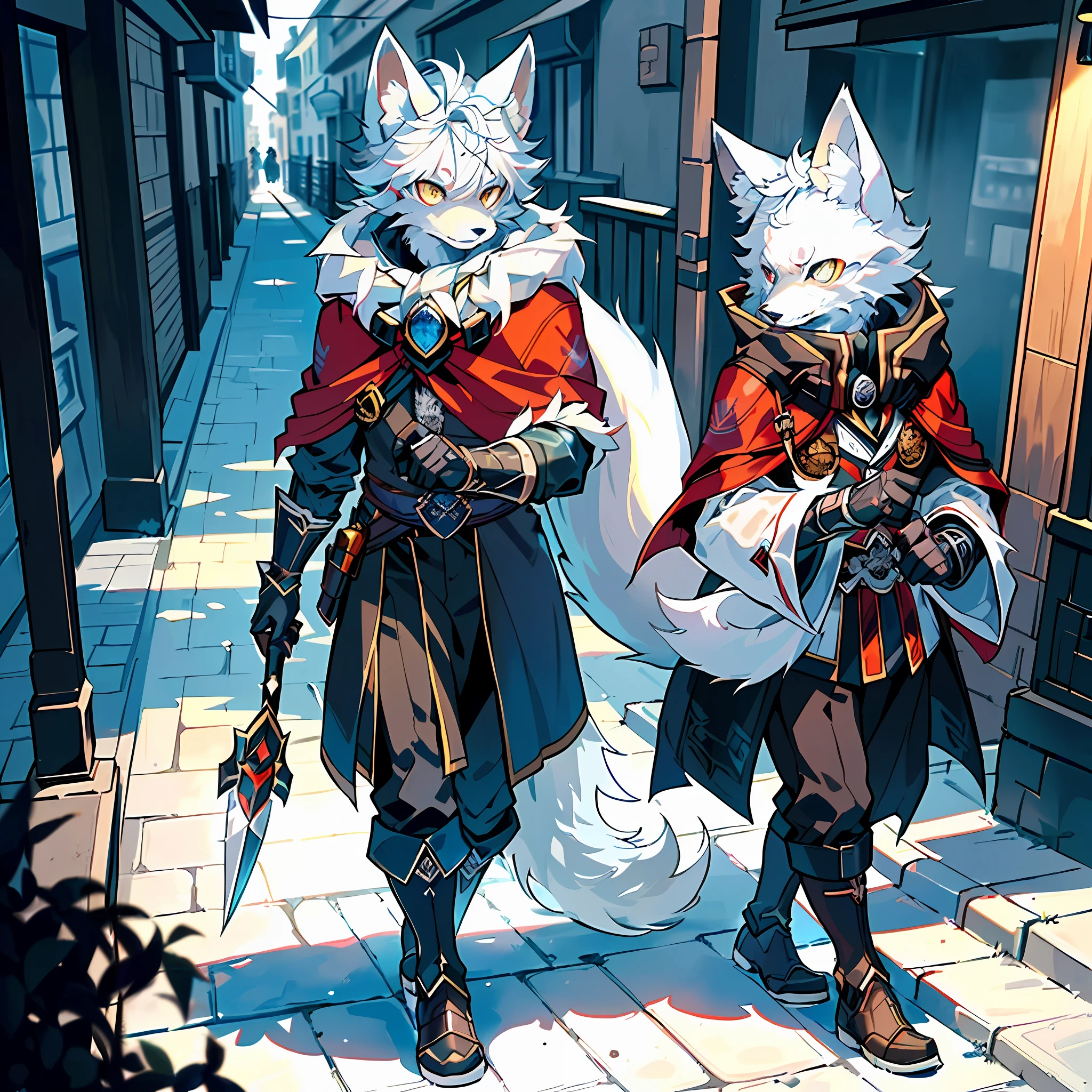 (Best Quality), (Masterpiece), ((Solitary)), (Ultra Detailed), (Furry), Furry, (Male Arctic Fox: 1.5), (Grey Skin: 1.3), (Fluffy Tail: 1.2), Character Focus, (Golden Eyes), (Arctic Fox's Claws), (Grey Ears), Sharp Focus, (Furry Animal Ears), ((Wearing a Cloak)), ((Assassin's Creed Style)), ((Assassin's Costume)), ((Walking on a Dark Street)), (( Night 1.2)), (((Dark Scene 1.2)))