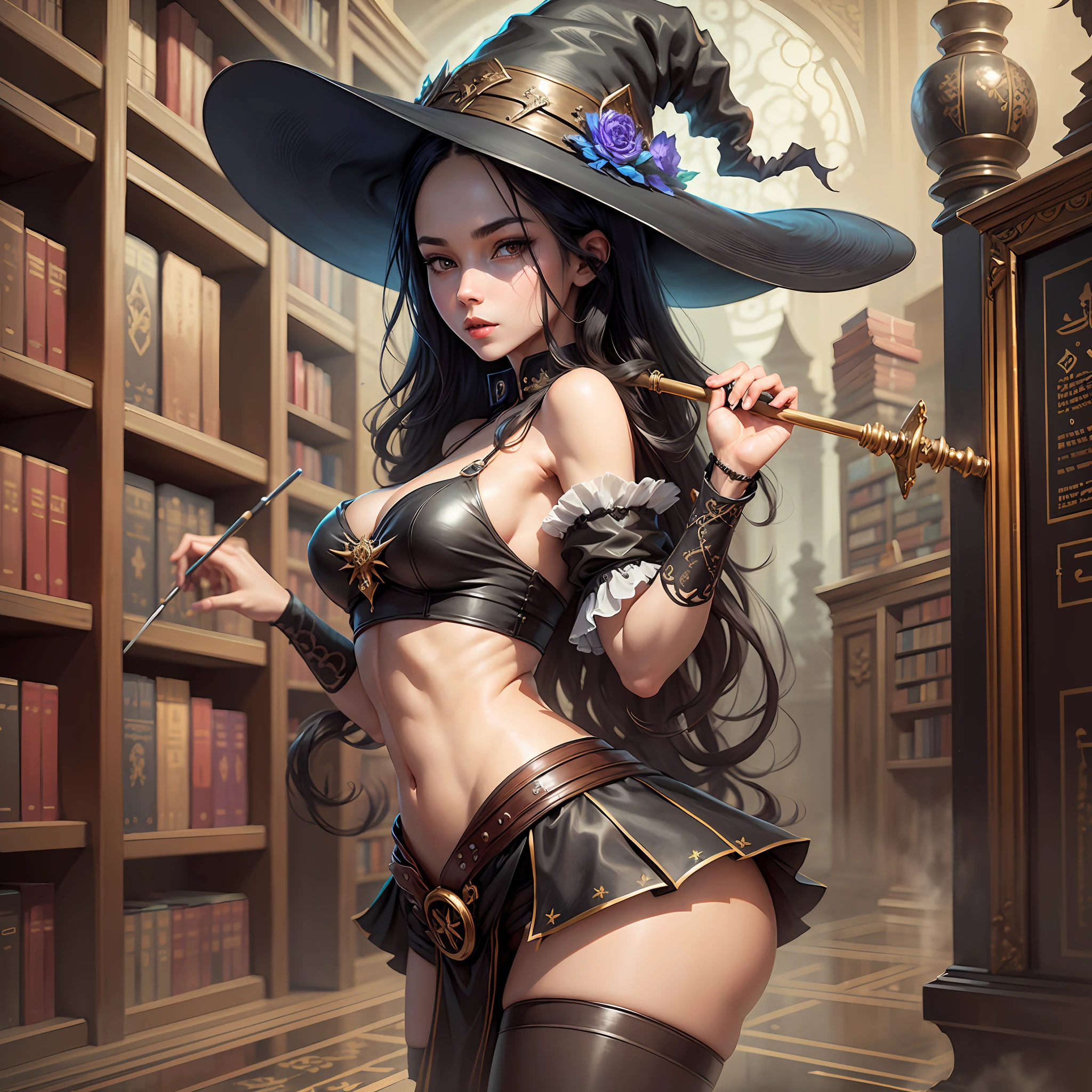 Best Quality, Realistic, Three-Dimensional, Solo, Witch, Perfect Beautiful Girl, Long Black Hair, Fair Skin, Slender Body, Big, Big Hips, Hat, Cane, Otherworldly Library, Sensual, --auto --s2