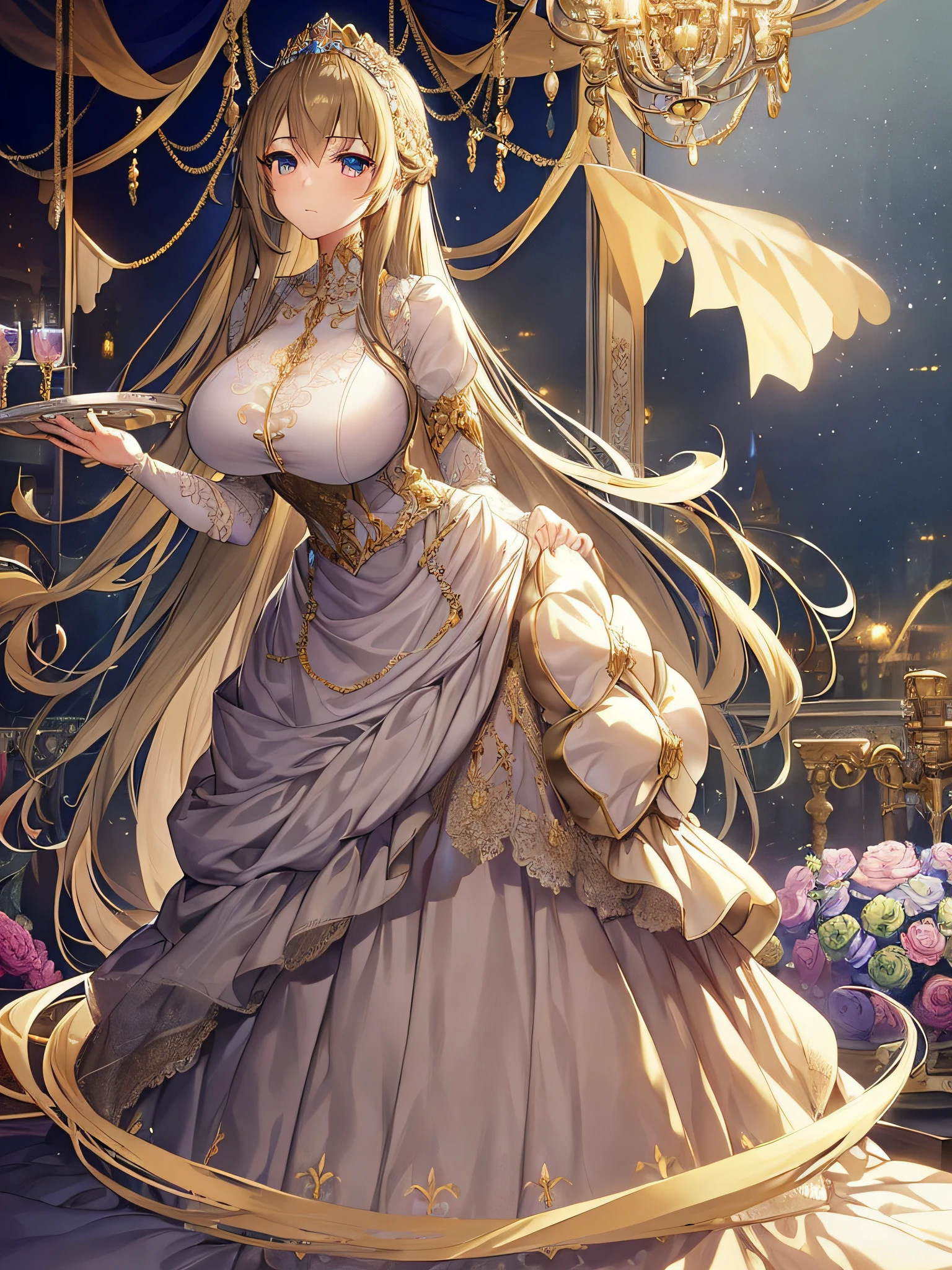 ((anime moe artstyle)),(Masterpiece),(Best Quality), (Super Detail),Illustration,((Very Delicate and Beautiful)),Focus on character,Dynamic Angle,Looking at viewer,(((Solo))),((Full body)),(((one gorgeous princess in ball gown with a voluminous skirt))),detailed face and eyes,jewel-like eyes,(Very Long Hair),gorgeous embroidery and lace,See-through,ornate ruffles,(gigantic breasts,Long breasts),jeweled ball gown,(gorgeous ball gown with a voluminous skirt),((lift up the hem of dress)),