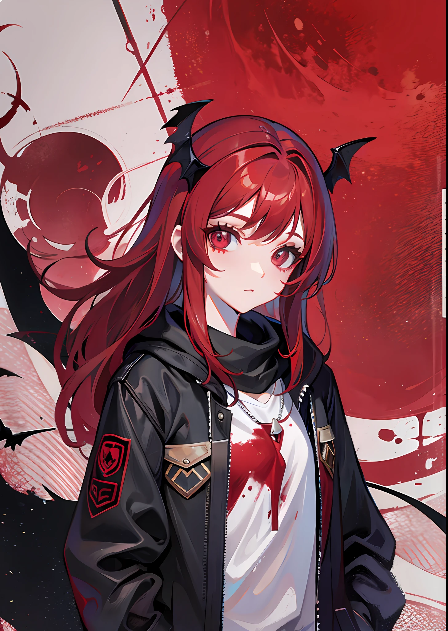 Red-haired heroine with a slightly sideways face, clothes stained with blood, red moon, bat