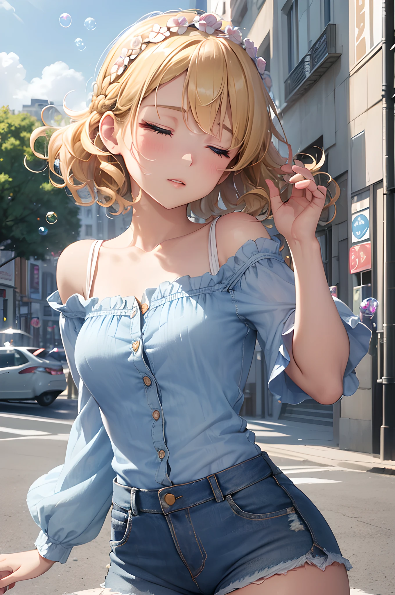 (masterpiece), (portrait), (aesthetic), (beautiful), (upper blody), (high quality), (aesthetic clothings), (professional angle), (rule of thirds), (Feminine), (woman), (female), (beautiful),(feminine features), (21 years), solo, 1 woman, (attractive French), Summer, (Floating Soap Bubbles), (Morning), (Bright light), ((Blowing Bubbles)), (Extending Arm Hands), ((Looking Upwards Face)), ((Playful)), (Soft and Subtle Make-up), (Petite Bust), (Straw Hat), ((Short Hair)), (Blonde Hair), (Curly Hair), (Messy Updo hair), (Flower Crown in Hair), (Closed Eyes), (Blue Eyes), (Chic Look), Medium skin, (Ruffled Sleeves Clothing), (Sundress), (Cardigan), (Denim Shorts ), (Off-shoulder Neckline), ((Urban Street background)), (Full Shot Shot),