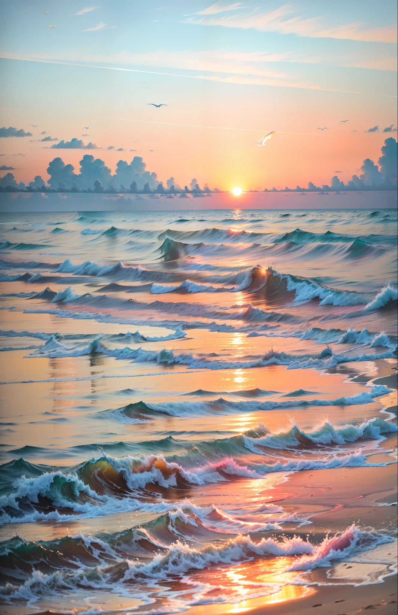 An absolutely mesmerizing sunset on the beach, with a mix of orange, pink, and yellow in the sky. The water is crystal clear, gently kisses the coast, and the white sand is endless. The scene is dynamic and breathtaking, with seagulls soaring high in the sky and palm trees swaying softly. Immerse yourself in the calm atmosphere and let the serenity surround you.