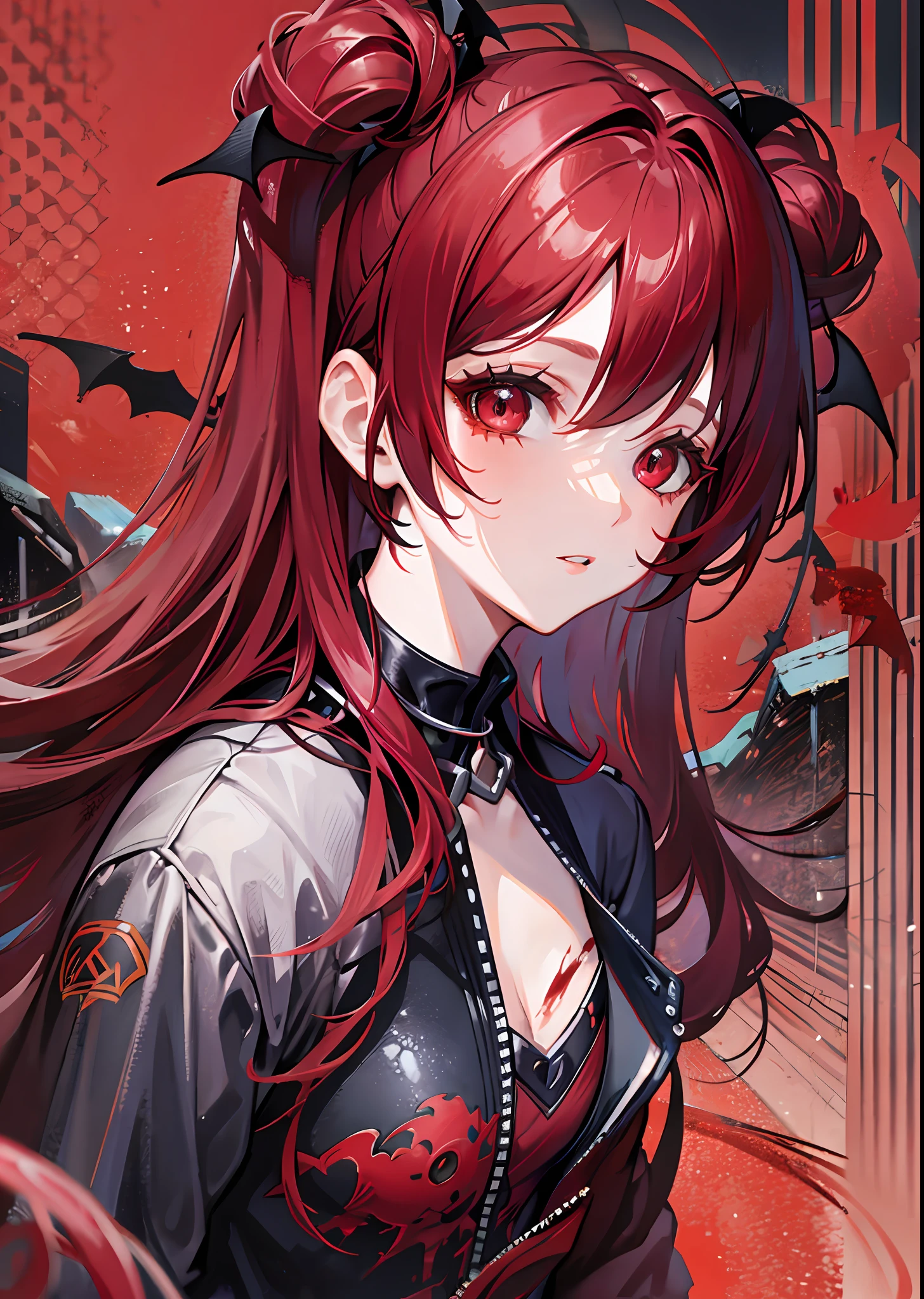 Red-haired heroine with a slightly sideways face, clothes stained with blood, red moon, bat