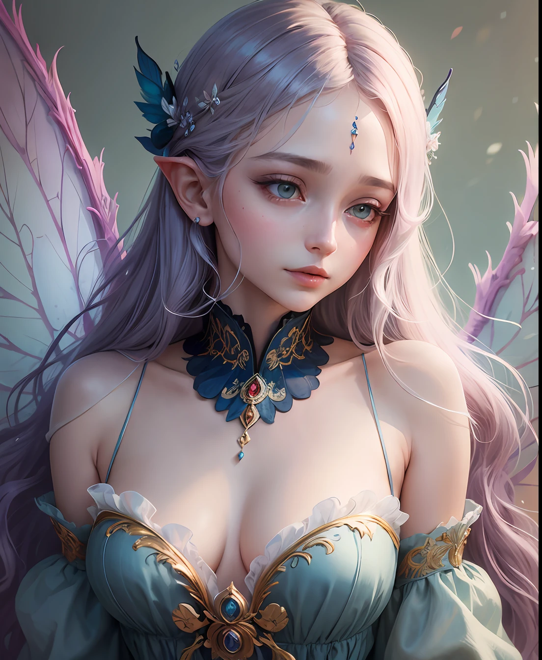 A captivating professional color image of a fairy with wings on her back, she is wearing a long gown made from thick cotton that covers all of her body, shyhad long soft flowing hair, crafted in a masterful blend of the unique artistic styles inspired by Amy Brown, Daria Petrilli, and Andrea Kowch. This remarkable image showcases the delicate fusion of soft colour, inks, resulting in a harmonious composition. The piece emanates a soft whimsical aura, --auto --s2