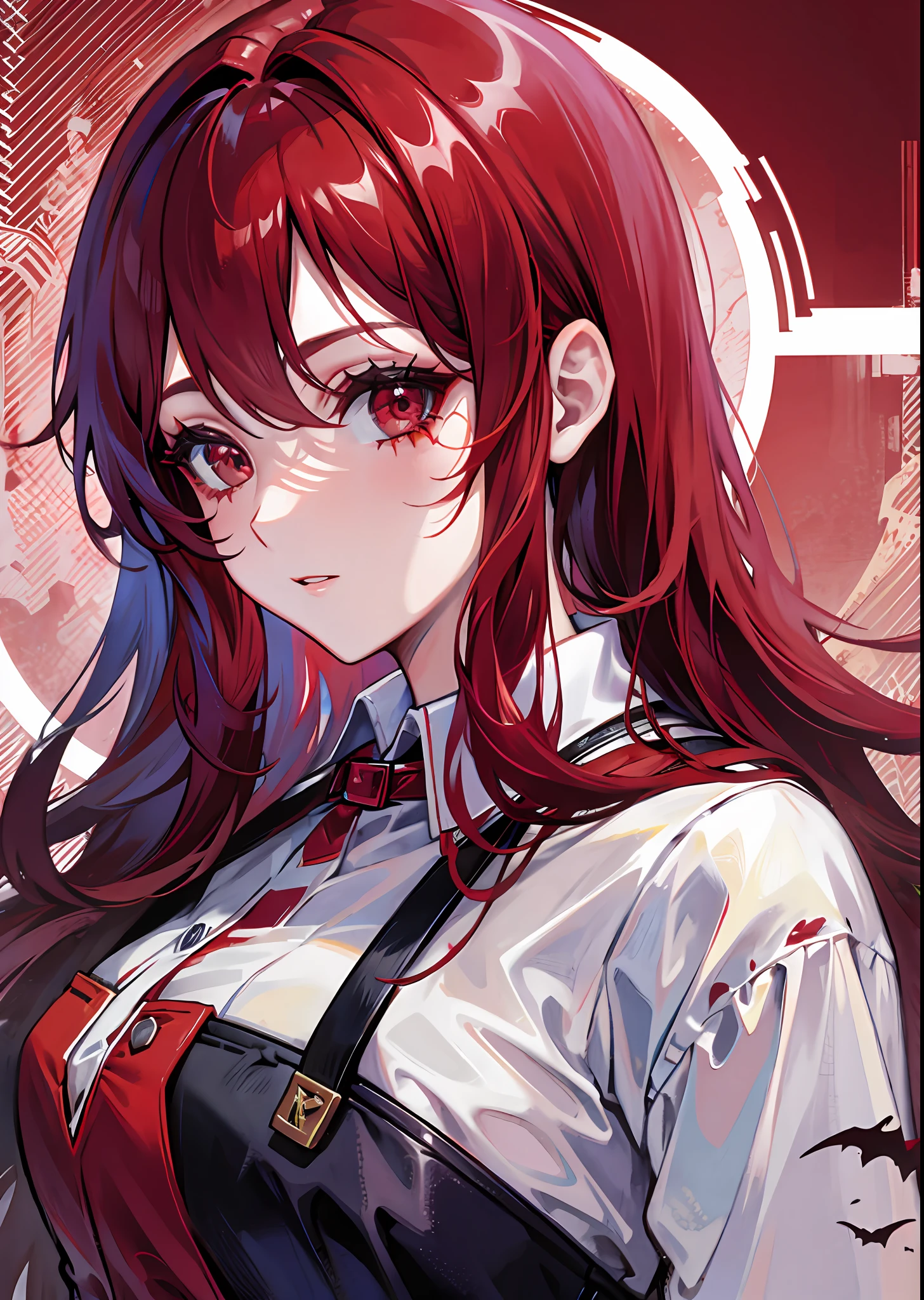 Red-haired heroine with a slightly sideways face, clothes stained with blood, red moon, bat