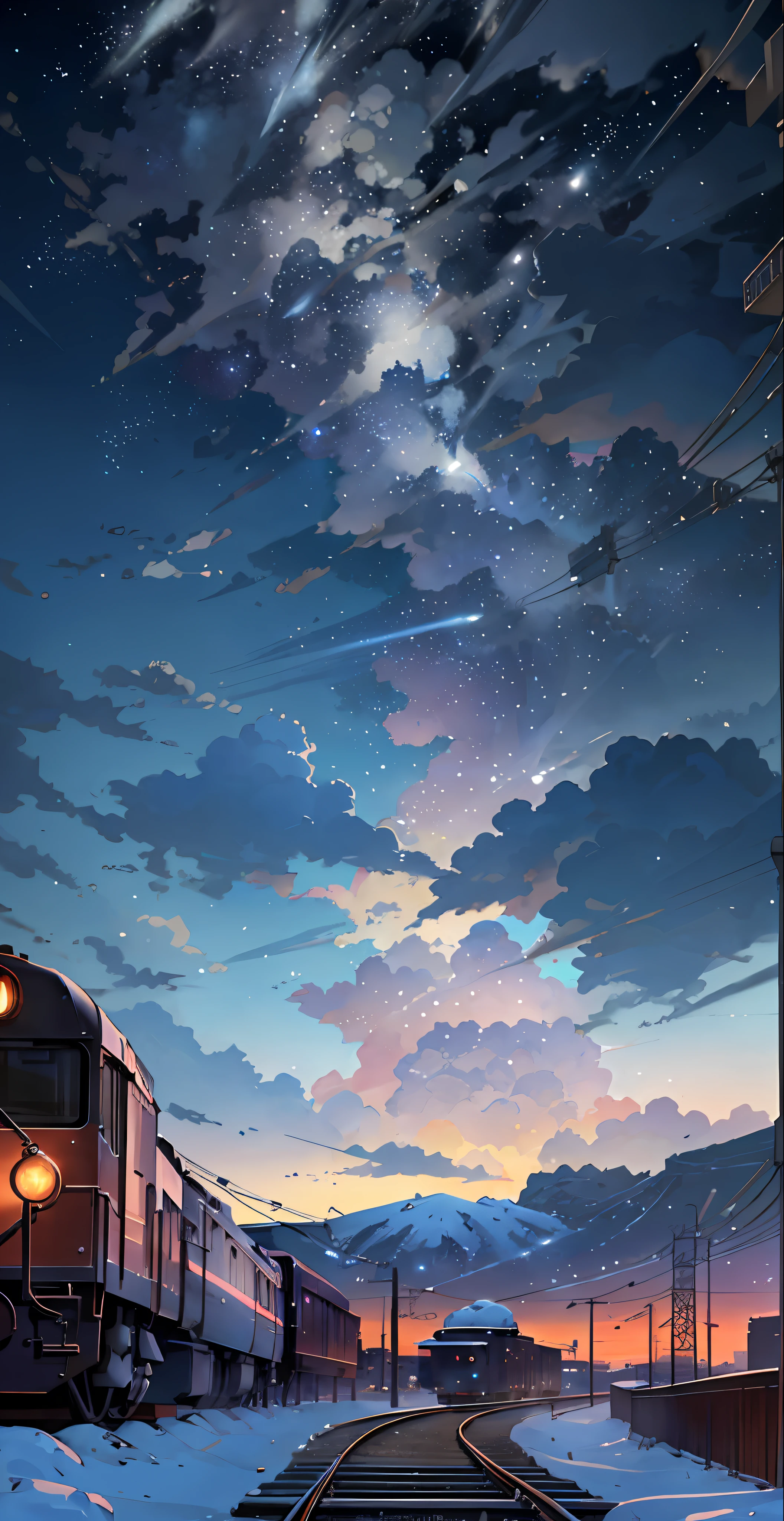 There is a train running along the tracks in the snow, Makoto Shinkai's concept art, tumblr, magic realism, beautiful anime scenes, cosmic sky. by makoto shinkai, ( ( makoto shinkai ) ), anime background art, anime backgrounds, Makoto Shinkai's style, anime movie backgrounds, galaxy express, no humans.