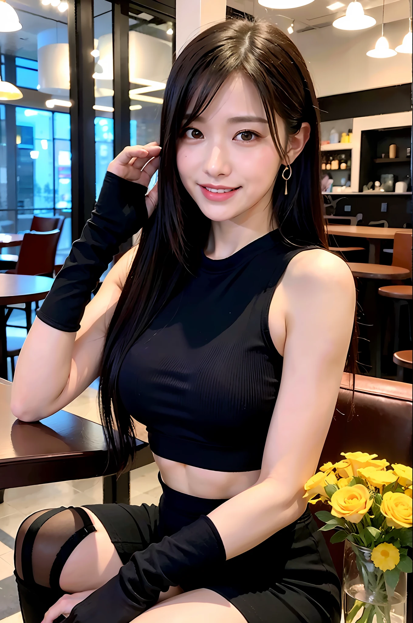 (8K, Top Quality, Masterpiece: 1.2), (Realistic, Photorealistic: 1.37), Ultra HD, Final Fantasy VII Remake&#39;s Tifa Lockhart sitting on a date in a highly detailed café in a cityscape A detailed portrait with beautiful detailed eyes and a blushing nose that makes you look cute and solo. She wears single elbow pads, ankle boots, a black skirt, black thigh-highs, red boots, and elbow gloves, elbow pads, and fingerless gloves. Her outfit includes a sports bra, suspender skirt, thigh highs, and a white tank top. The full body is visible with the head resting on the hand, revealing a pretty face, long hair tied low, and lips. The scene is lit with professional lighting, photon mapping and radiosity, creating a cyberfuturistic atmosphere in the style of Tetsuya Nomura. The background features yellow flowers and a bokeh effect. Tifa smiled a little and closed her mouth.