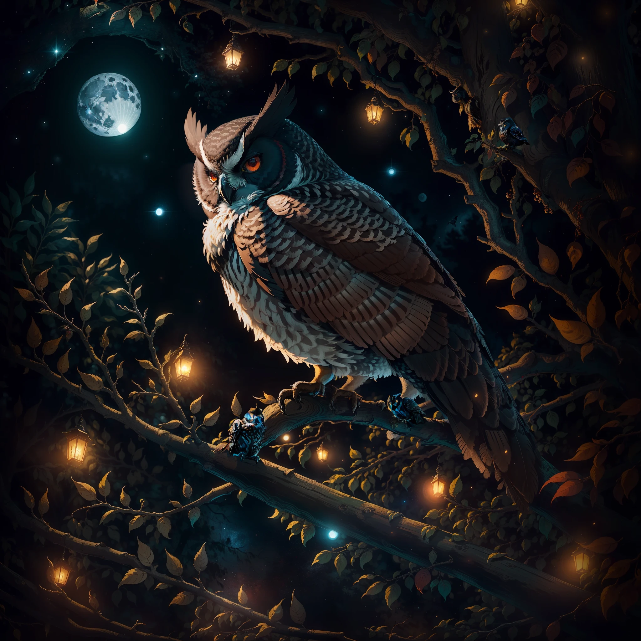 Style-NebMagic, award-winning photo, a black bird owl sitting on a branch, feathers, evil, sinister, red eye, intricate and detailed feathers, forest background, wildlife photography, by lee jeffries nikon d850 film stockphoto 4 kodak portra 400 camera lens f1.6 rich colors realistic texture hyper realistic lighting dramatic trend on artstation cinestill 800, Style-LostTemple,  deep shadow, high contrast, dark, full moon illustration, movie light, realistic, highest quality, super detailed, best quality, masterpiece, brown and black owl, a leafy tree, starry night, full moon, shining sea