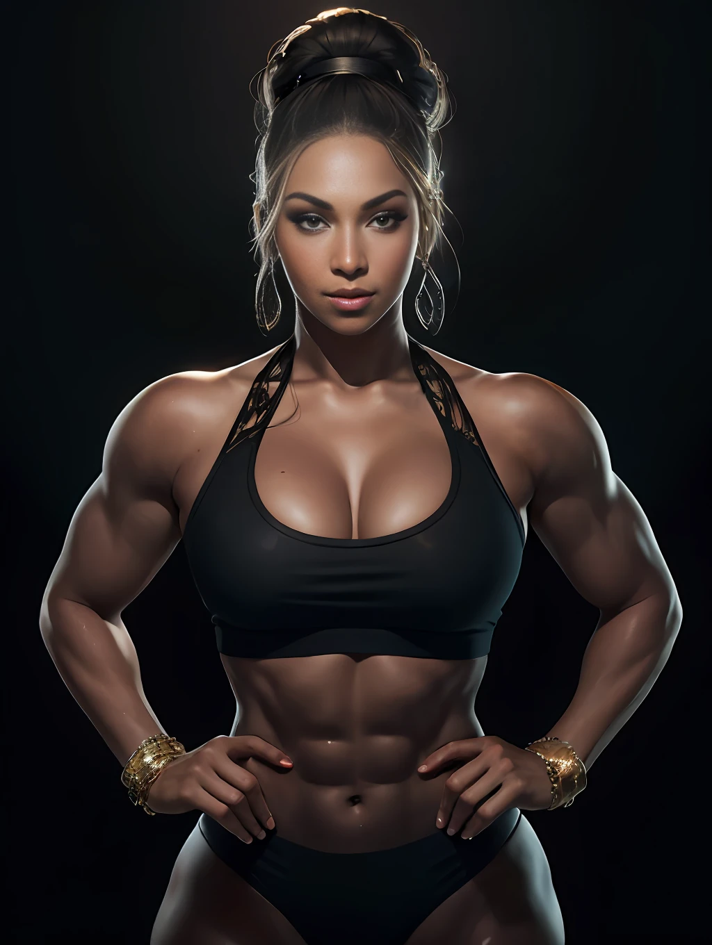 8k portrait of Beyoncé muscular, smiling, gym clothes, intricate, 35 years old, gym background, full body, looking at the camera, elegant, (black eyes), highly detailed, majestic, digital photography, art by artgerm and ruan jia and greg rutkowski, black hair, broken glass around (masterpiece, side lighting, beautiful finely detailed eyes: 1.2 ), hdr
