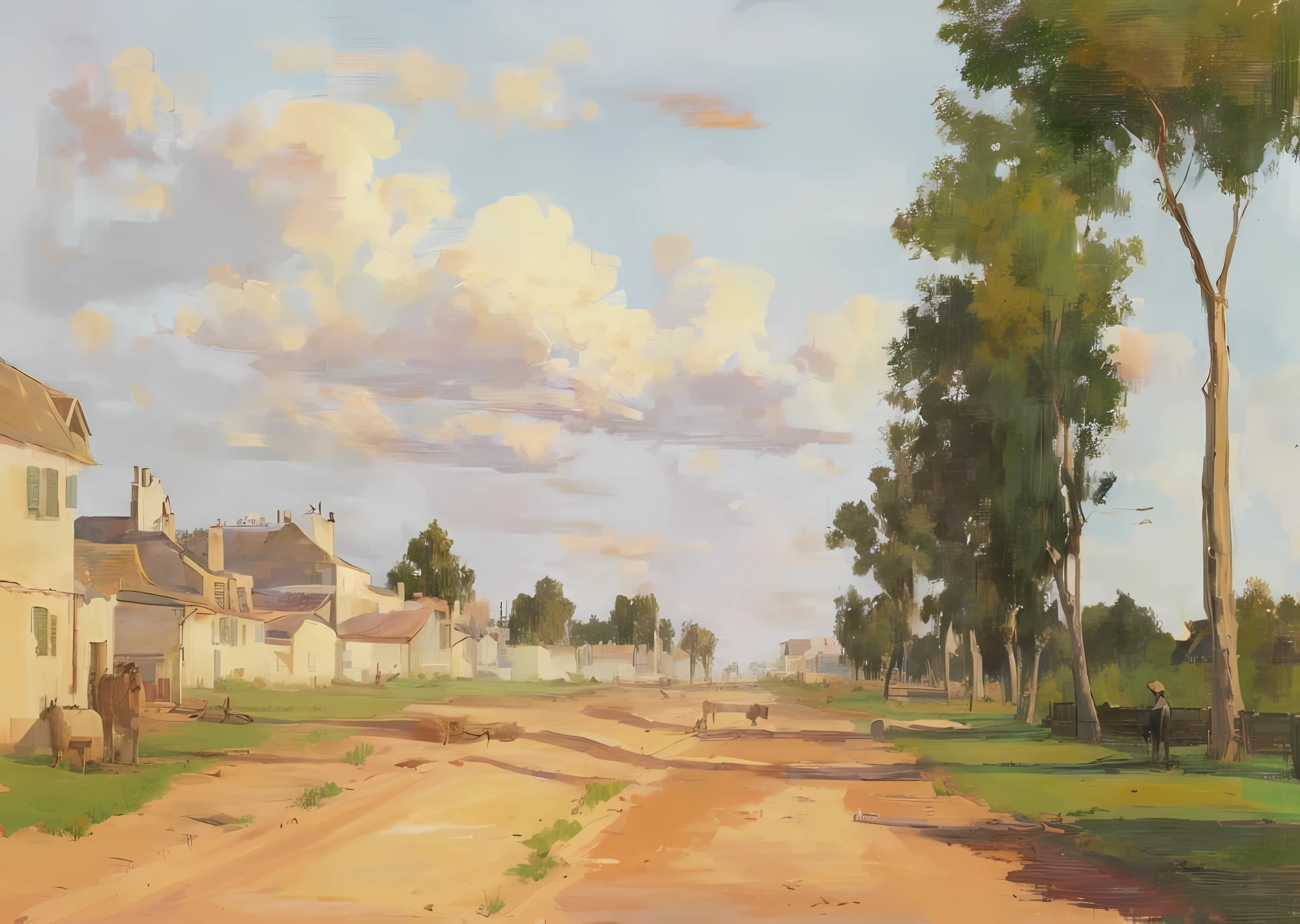 (Konstantin Savitsky: 1.3 + Ken Howard + suburbs of Paris), (a so-house + horse in the distance: 1.3), (dirt road + village), dusk and warm sunset. Realism, high detail, architectural details, land grain, ray tracing