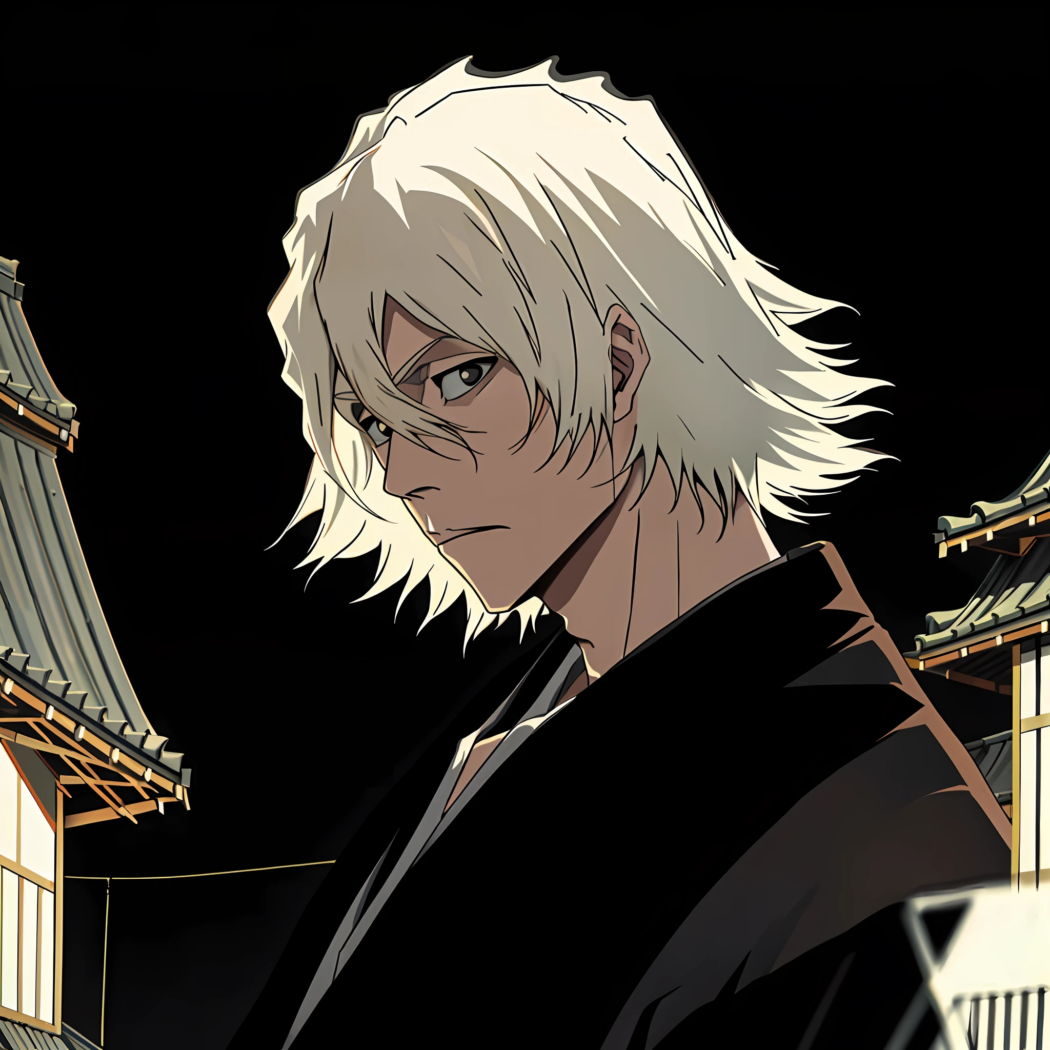 urahara_kisuke, outdoor, Japanese city, masterpiece, male focus, best quality, black eyes, white hair, 1boy, solo, solo,
