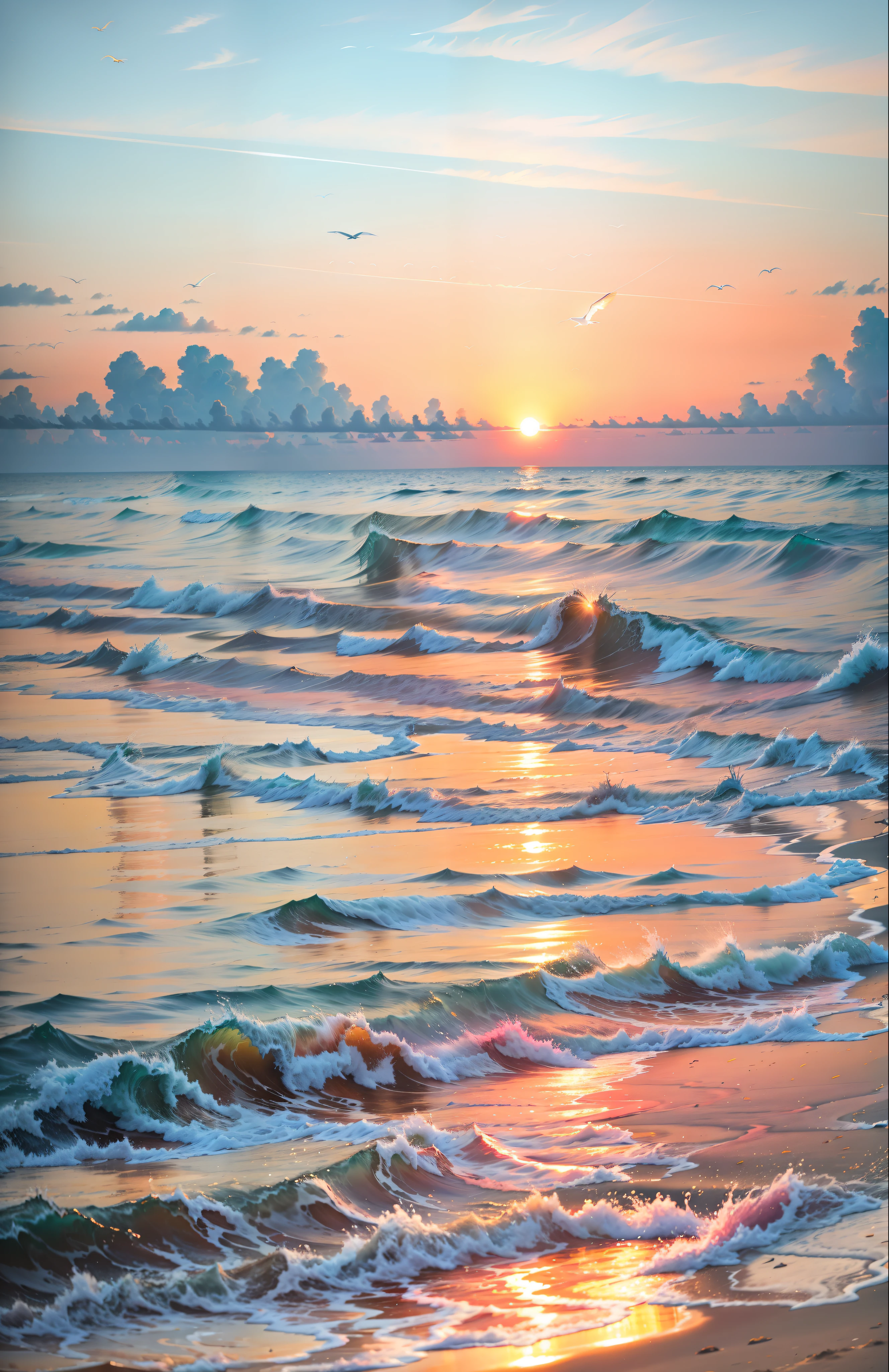 An absolutely mesmerizing sunset on the beach, with a mix of orange, pink, and yellow in the sky. The water is crystal clear, gently kisses the coast, and the white sand is endless. The scene is dynamic and breathtaking, with seagulls soaring high in the sky and palm trees swaying softly. Immerse yourself in the calm atmosphere and let the serenity surround you.