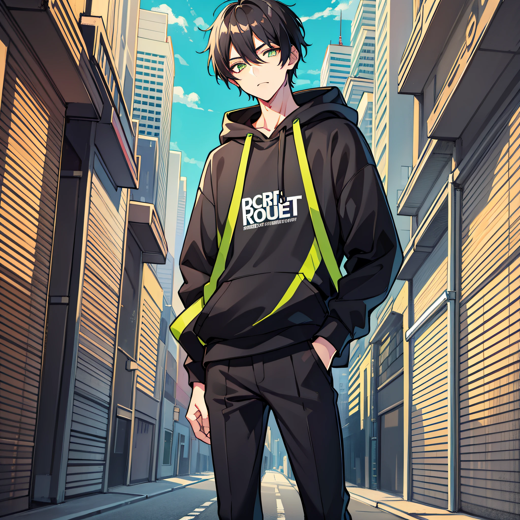 1 boy, black hair, green eyes, androgynous, black pants, vibrant, hd, best quality, black hoodie, figure standing painting