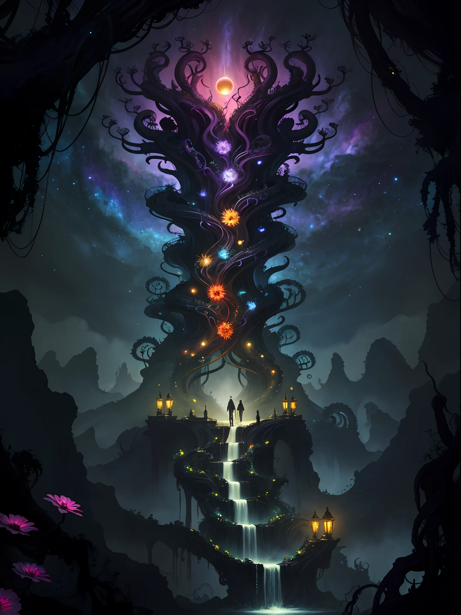 ((best quality)), ((masterpiece)), (high detail), (highres), looking up at the infinite length of the universe, endless galaxies, dangerous black holes, exploding supernovae, floating stars, endless stairs, nebulae, ominous, cinematic atmosphere, negative dark mode, mc escher, senseijaye art, matrix atmosphere, digital code rotation, matte painting," A golden pearl alien wrapped around jungle vines, detailed facial features, extremely delicate and beautiful&quot;, colorful poisonous flower vines, surrounded by hordes of red tentacles, antennae: 1.5), swarms of tentacles in the background, fluffy, detailed, cinematic lighting, vibrant nature, volumetric light, trend on artstation, Octane rendering.&quot;, trends on artstation, clear focus, studio photos, Intricate detail, very detailed, ((fantasy)), intricate, Unreal Engine,