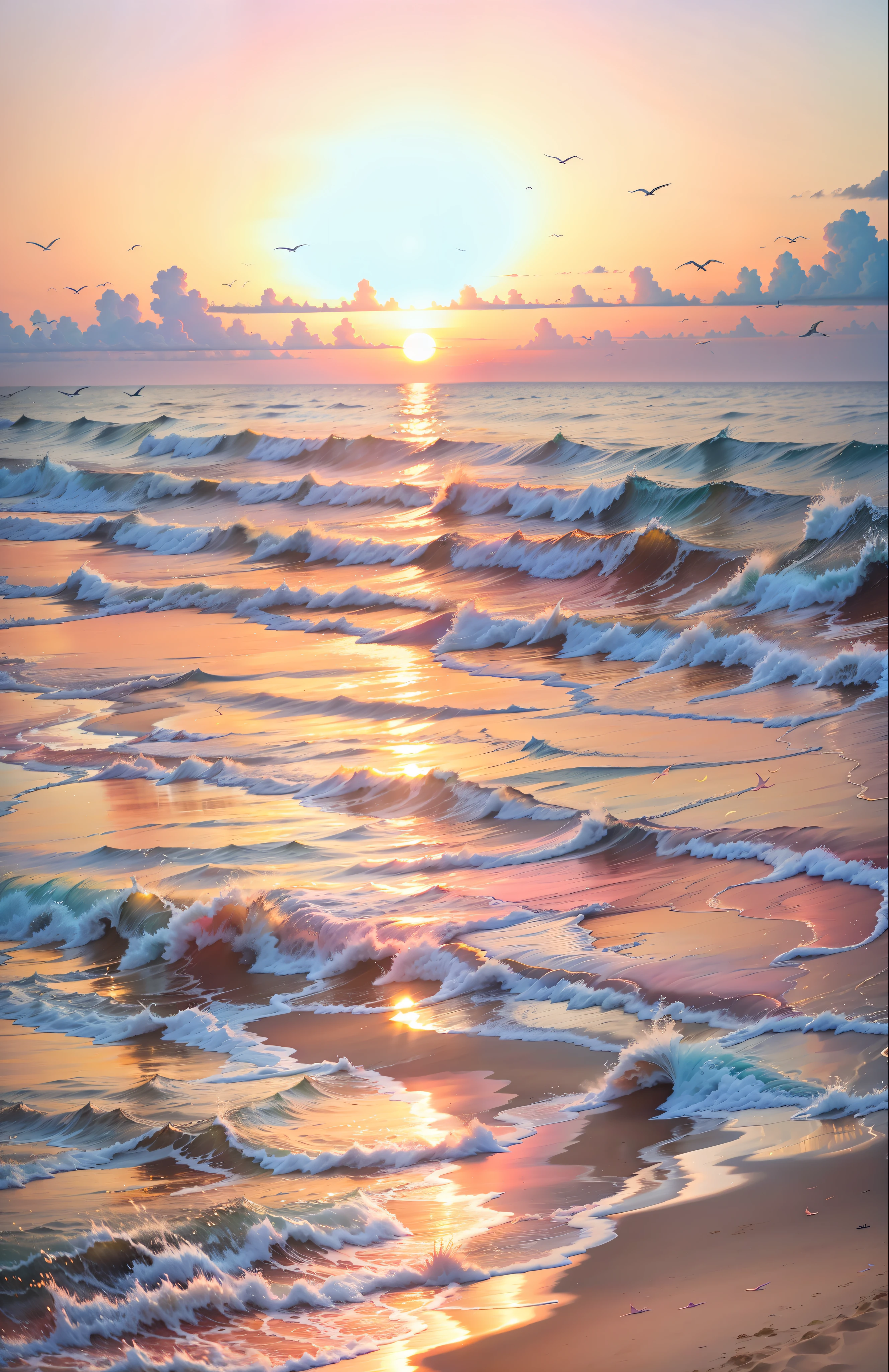 An absolutely mesmerizing sunset on the beach, with a mix of orange, pink, and yellow in the sky. The water is crystal clear, gently kisses the coast, and the white sand is endless. The scene is dynamic and breathtaking, with seagulls soaring high in the sky and palm trees swaying softly. Immerse yourself in the calm atmosphere and let the serenity surround you.