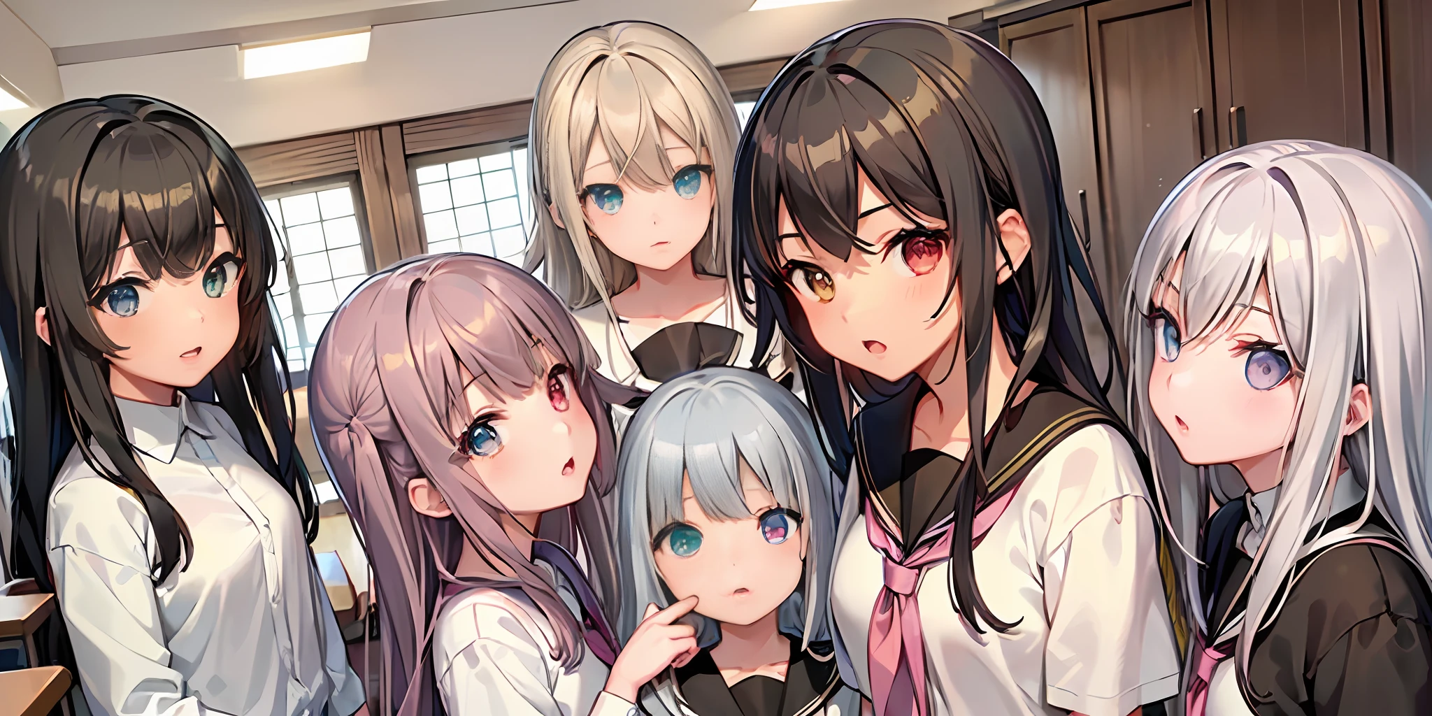 (Five girls), (Five girls made in a row), (Black hair black eyes ****, blonde blue eyes ****, white hair red eyes ****, violet hair heterochromia pupil ****, pink hair green eyes ****), school uniform, well-behaved, classroom background