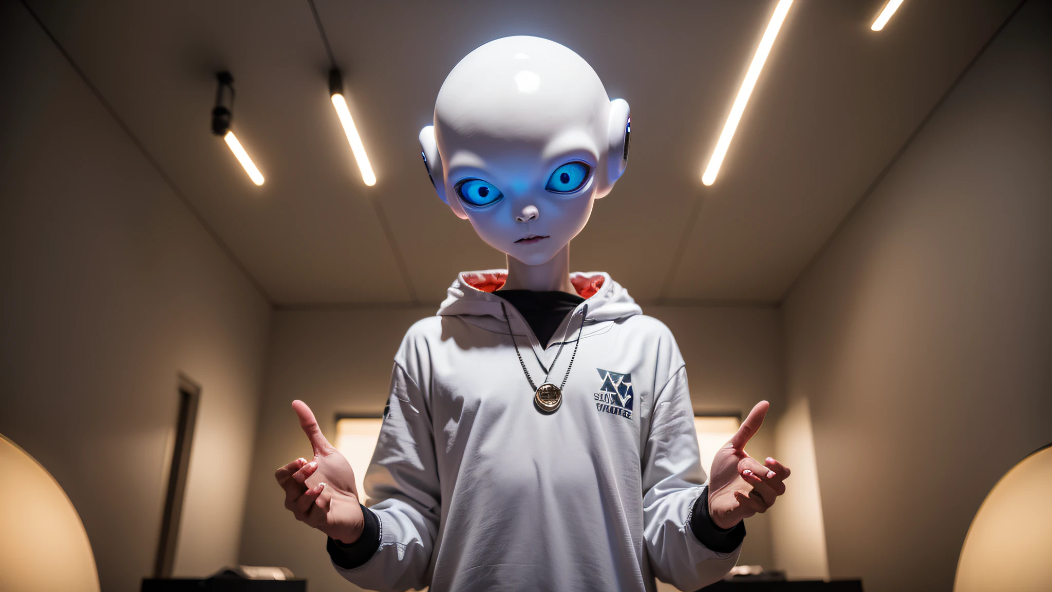 An alien, with albino and realistic skin, large head, short and thin neck, very large eyes and all black, which reflects the local lighting, a nose similar to that of humans but small, a mouth similar to that of humans but small, the body is thin and thin, the alien wears a white sleeve shirt with a letter made of small silver that appears to the right represented within a triangle of the same size, the clothing is inspired by the clothes used for surfing, the color to be used is red, pink chock and blue, as well as details of the environment, and manufactured with neoprene fabric, it is possible to notice a silver necklace hanging from his neck, with a pinjente in the triangular shape with an eye that sees everything in the center as a symbol. the alien is in a recording studio whose scenery is minimalist and features a gray background in gradient hue to circular white, the camera captures the image from the waist up, the alien presents friendly and light expressions, the alien interact with the camera always with a slight smile of satisfaction and tranquility,  The skin used and all the elements are of extreme realism, especially the skins, the lighting is an illumination inspired by the 80s.