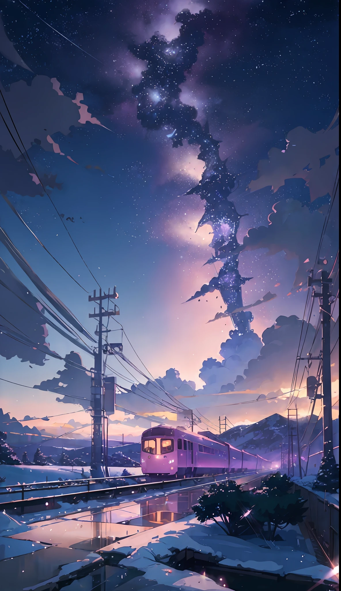 (((Makoto Shinkai style)),pixiv,anime drawing,high quality,pink purple sky,beautiful scene),(universe,train passing,magical realism,((makoto shinkai style)) ::0.8), [Artistic Atmosphere, Atmosphere:0.8, Starry Sky, Hills, Snow Mountain, Sparkling Water, Grass, Trees, Smoke, Stars, Low Angle of View, Specular Scattering,