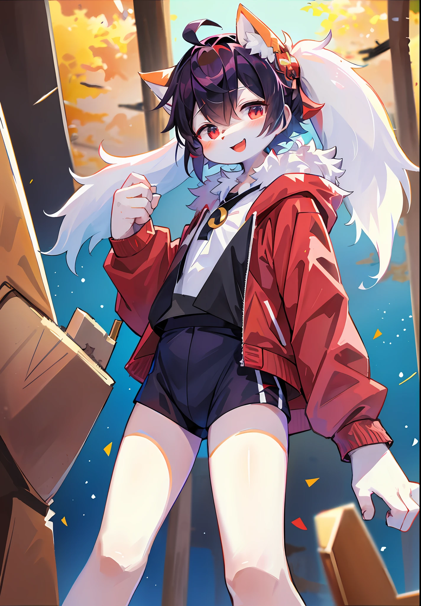 (masterpiece:1.3), (2D:1.0), (anime:1.0), (illustration:1.0), (sharp:1.2), (hard light:1.0), (shadow:1.0),(reflection, refraction:0.8), (light, dappled light, glare, lens flare, Tyndall effect: 1.0), (sharp, shiny: 1.0), (Best Quality: 1.2), (Ultra Fine: 1.0), (Extremely Complex: 1.0), (Blurred foreground, Cinematic Light, Ray Tracing: 1.1), (bright_colors, dark_intense_shadows: 1.1), (Impasto, Colorful: 1.2), (warm_light_from_below, glow_white_ particles:1.1),(Ensemble_Stars! _\(style\):0.95). wolf_boy,anthro,uploaded_on_e621,solo,upper_body,cowbow_shot,male_focus,furry_kemono,furry_male,cub,young_male,bishounen,11_years_old,kawaii,cute,fancy,fragile,cool, handsome. detailed_fluffy_fur,tuft,(white_fur,body_fur,oil_skin,skin_with_fluffy_fur:1.3),animal_nose,animal_ear_fluff,fluffy_paws,pawpads,animal_hand,fluffy_big_tail。 Black clothes printed with a maple leaf pattern. (White hooded cape, red and black hoodie: 1.5), short male hair, white hair, purple eyes, closed eyes, bangs, red dull hair, open mouth, smile, light blush, goggles, hands raised, red katana, red metal leg ring on the thigh of the right leg is short, bottomless, (knife drawn: 1.2), looking ahead to the left. (night, starry_sky, crescent_moon, star_\(sky\), gem, plant, star_\(symbol), sparkle), outdoor, landscape