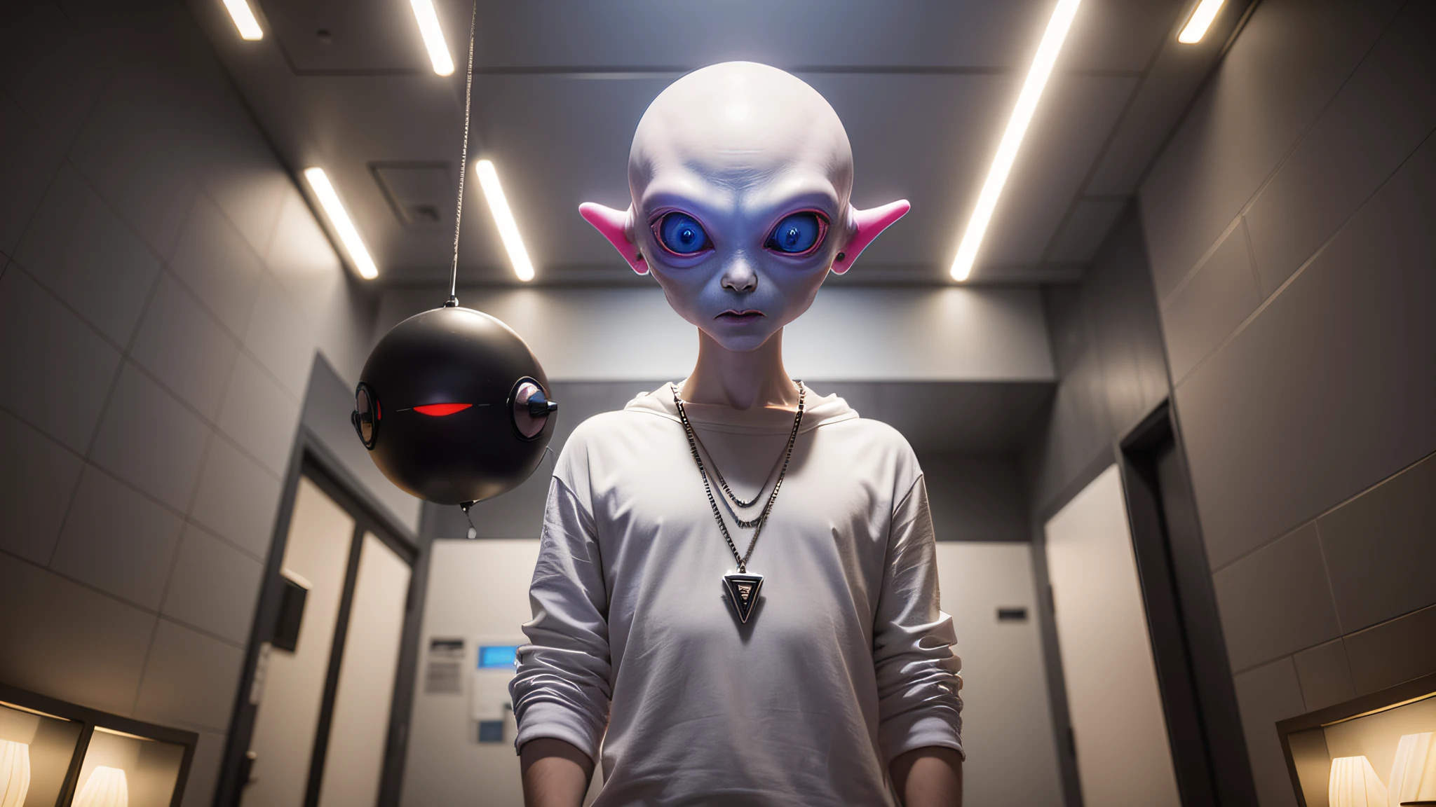 An alien, with albino and realistic skin, large head, short and thin neck, very large eyes and all black, which reflects the local lighting, a nose similar to that of humans but small, a mouth similar to that of humans but small, the body is thin and thin, the alien wears a white sleeve shirt with a letter made of small silver that appears to the right represented within a triangle of the same size, the clothing is inspired by the clothes used for surfing, the color to be used is red, pink chock and blue, as well as details of the environment, and manufactured with neoprene fabric, it is possible to notice a silver necklace hanging from his neck, with a pinjente in the triangular shape with an eye that sees everything in the center as a symbol. the alien is in a recording studio whose scenery is minimalist and features a gray background in gradient hue to circular white, the camera captures the image from the waist up, the alien presents friendly and light expressions, the alien interact with the camera always with a slight smile of satisfaction and tranquility,  The skin used and all the elements are of extreme realism, especially the skins, the lighting is an illumination inspired by the 80s.