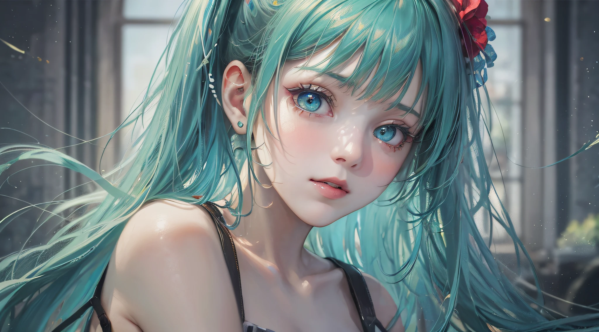 1, masterpiece, dreamy, complex details, studio photography, cinematic light, high brightness, depth of field, bright, light, pastel, colorful, vibrant, bright, sunny, bright and vibrant, high-key, vivid, depth of field,
1 girl, (Hatsune Miku: 1.5), long hair, shiny hair, upper body, bright particles, green glowing note hair clip flowers, blue eyes, bright ornaments, red tattoo (00 on shoulder), strap slip, blue hair, hands on their own cheeks, solo girl, Hatsune Miku, high quality, high resolution,