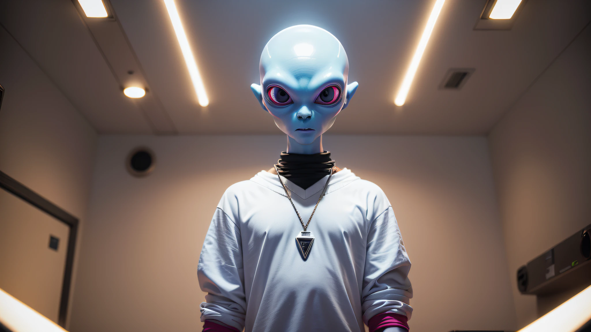 An alien, with albino and realistic skin, large head, short and thin neck, very large eyes and all black, which reflects the local lighting, a nose similar to that of humans but small, a mouth similar to that of humans but small, the body is thin and thin, the alien wears a white sleeve shirt with a letter made of small silver that appears to the right represented within a triangle of the same size, the clothing is inspired by the clothes used for surfing, the color to be used is red, pink chock and blue, as well as details of the environment, and manufactured with neoprene fabric, it is possible to notice a silver necklace hanging from his neck, with a pinjente in the triangular shape with an eye that sees everything in the center as a symbol. the alien is in a recording studio whose scenery is minimalist and features a gray background in gradient hue to circular white, the camera captures the image from the waist up, the alien presents friendly and light expressions, the alien interact with the camera always with a slight smile of satisfaction and tranquility,  The skin used and all the elements are of extreme realism, especially the skins, the lighting is an illumination inspired by the 80s.