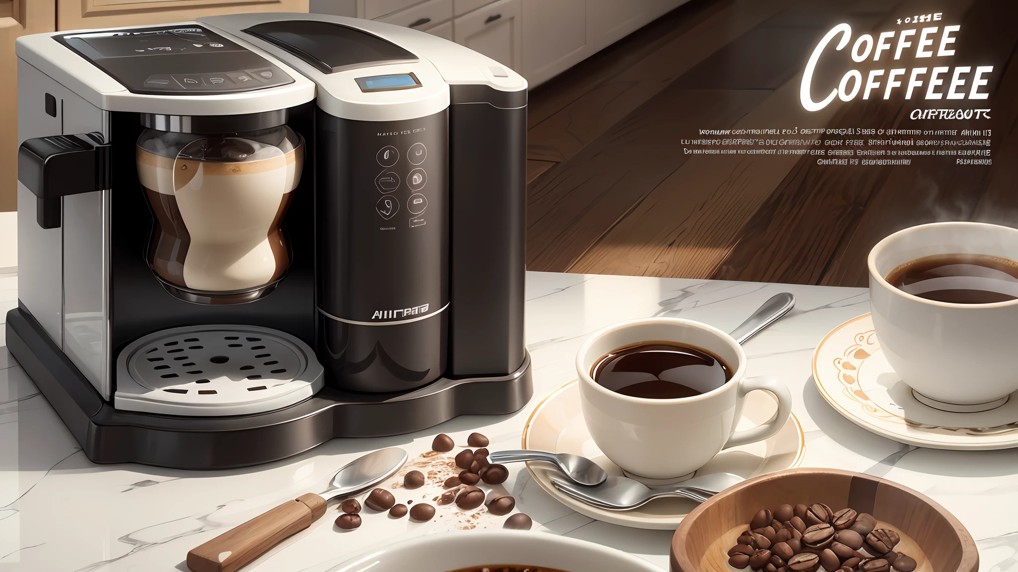 Coffee machine exhibition poster, article white smooth and detailed wide angle lens, PX4K. (kitchen countertops; Coffee bean; Coffee cups ;) are all decorated, natural and realistic semi-realistic labels, detailed rendering, professional product photography to feast your eyes. --auto --s2