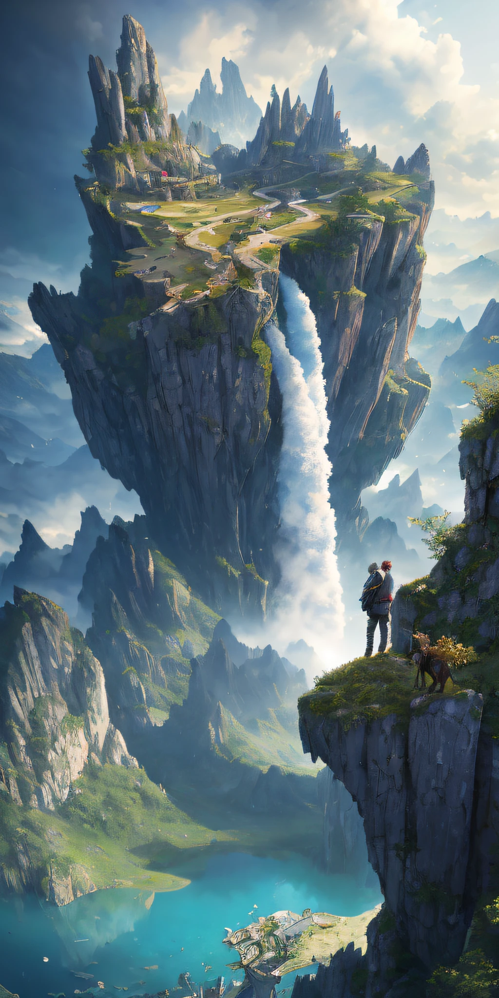 Masterpiece, best quality, high quality, extremely detailed CG unity 8k wallpaper, landscape, outdoor, sky, clouds, sky, no humans, mountain, landscape, water, tree, blue sky, waterfall, cliff, nature, lake, river , cloudy skies, award winning photography, bokeh, depth of field, HDR, bloom, chromatic aberration, photorealism, very detailed, trending on artstation, trending on CGsociety, intricate, high detail, dramatic, half way art