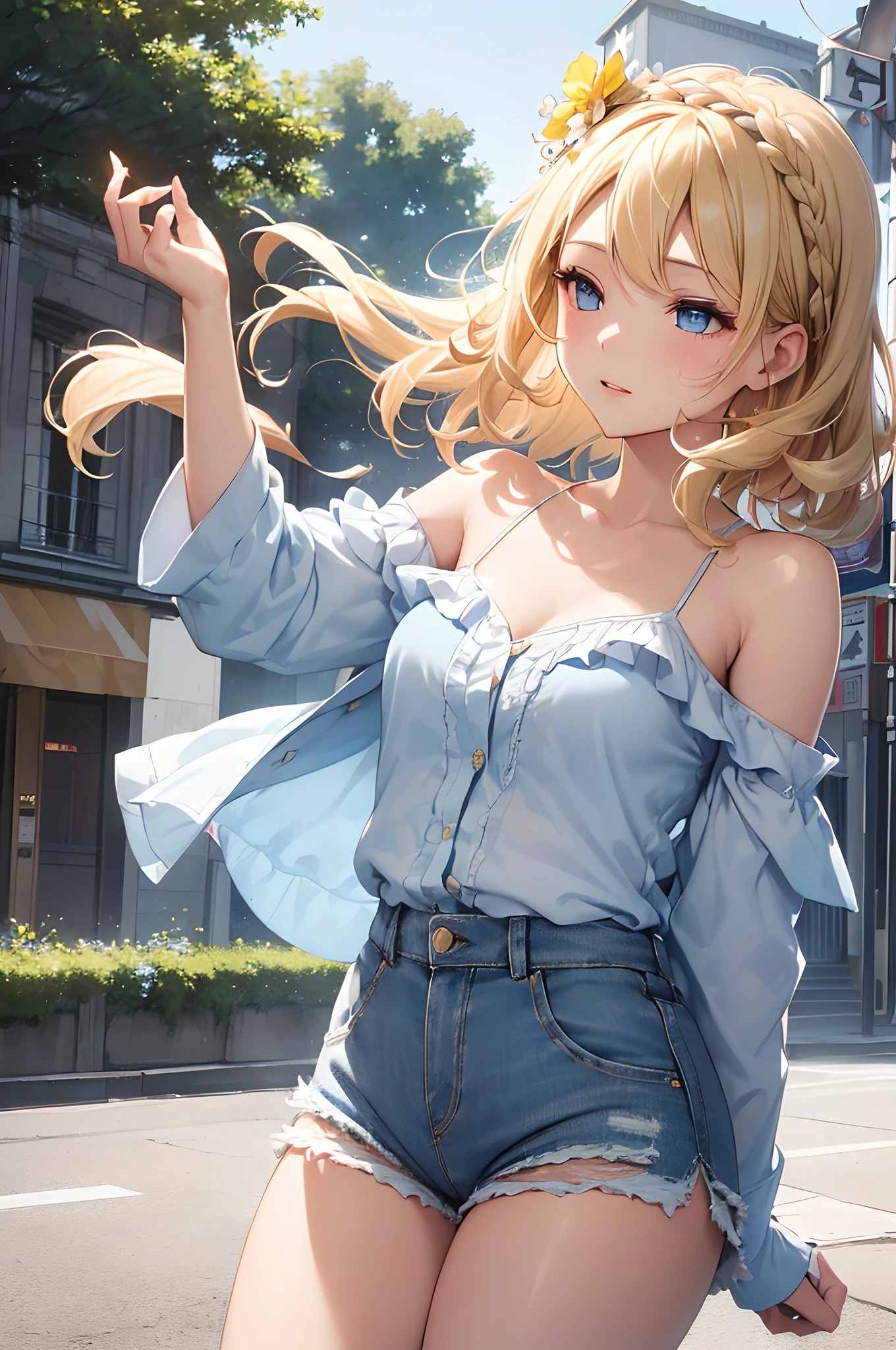 (masterpiece), (portrait), (aesthetic), (beautiful), (upper blody), (high quality), (aesthetic clothings), (professional angle), (rule of thirds), (Feminine), (woman), (female), (beautiful),(feminine features), (21 years), solo, 1 woman, (attractive French), Summer, (Floating Soap Bubbles), (Morning), (Bright light), ((Blowing Bubbles)), (Extending Arm Hands), ((Looking Upwards Face)), ((Playful)), (Soft and Subtle Make-up), (Petite Bust), (Straw Hat), ((Short Hair)), (Blonde Hair), (Curly Hair), (Messy Updo hair), (Flower Crown in Hair), (Closed Eyes), (Blue Eyes), (Chic Look), Medium skin, (Ruffled Sleeves Clothing), (Sundress), (Cardigan), (Denim Shorts ), (Off-shoulder Neckline), ((Urban Street background)), (Full Shot Shot),