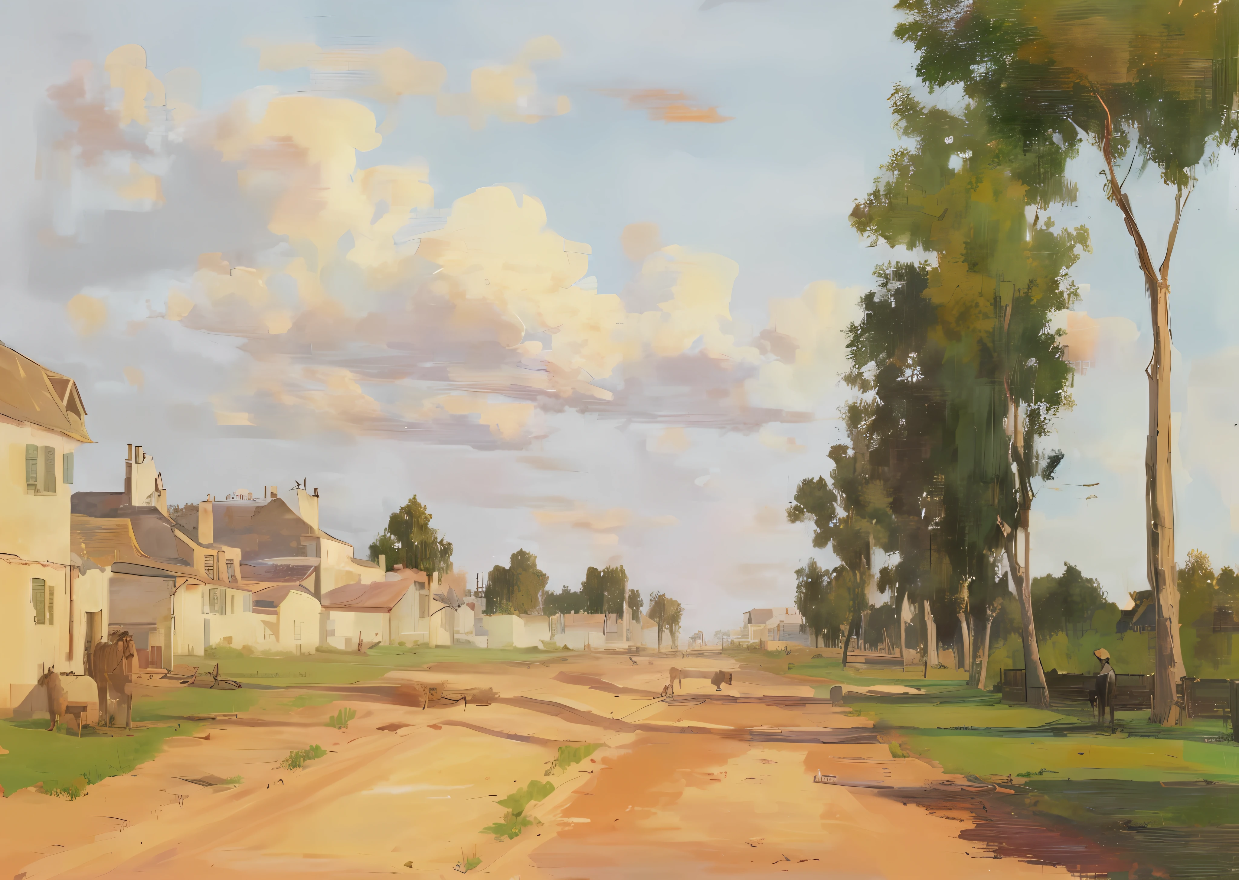 (Konstantin Savitsky: 1.3 + Ken Howard + suburbs of Paris), (a so-house + horse in the distance: 1.3), (dirt road + village), dusk and warm sunset. Realism, high detail, architectural details, land grain, ray tracing
