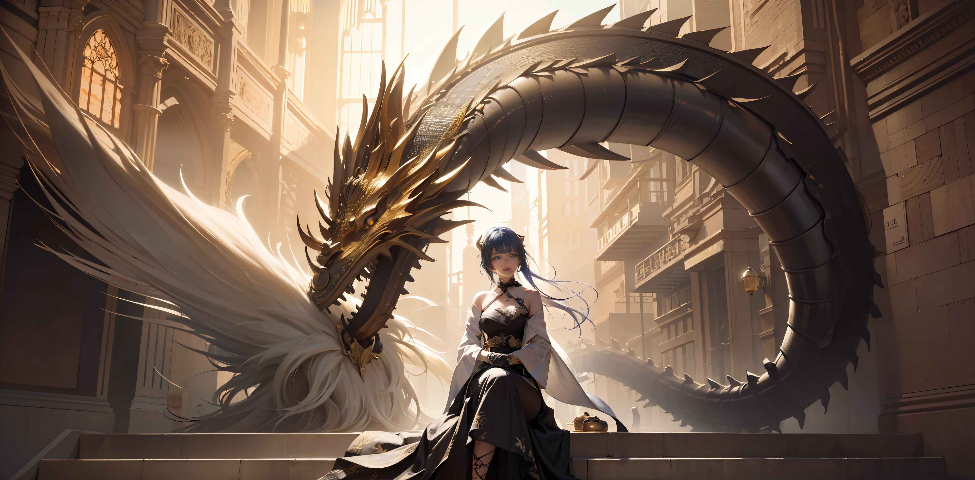 (photorealistic:1.4), (masterpiece, sidelighting, finely detailed beautiful eyes: 1.2), masterpiece*portrait, realistic, 3d face,
Stelle \(honkai star rail\), 1girl, ahoge, architecture, bangs, bare shoulders, bell, black gloves, black pantyhose, (blue hair), blush, breasts, chinese knot, detached sleeves, flower knot, gloves, horns, long hair, looking at viewer, medium breasts, neck bell