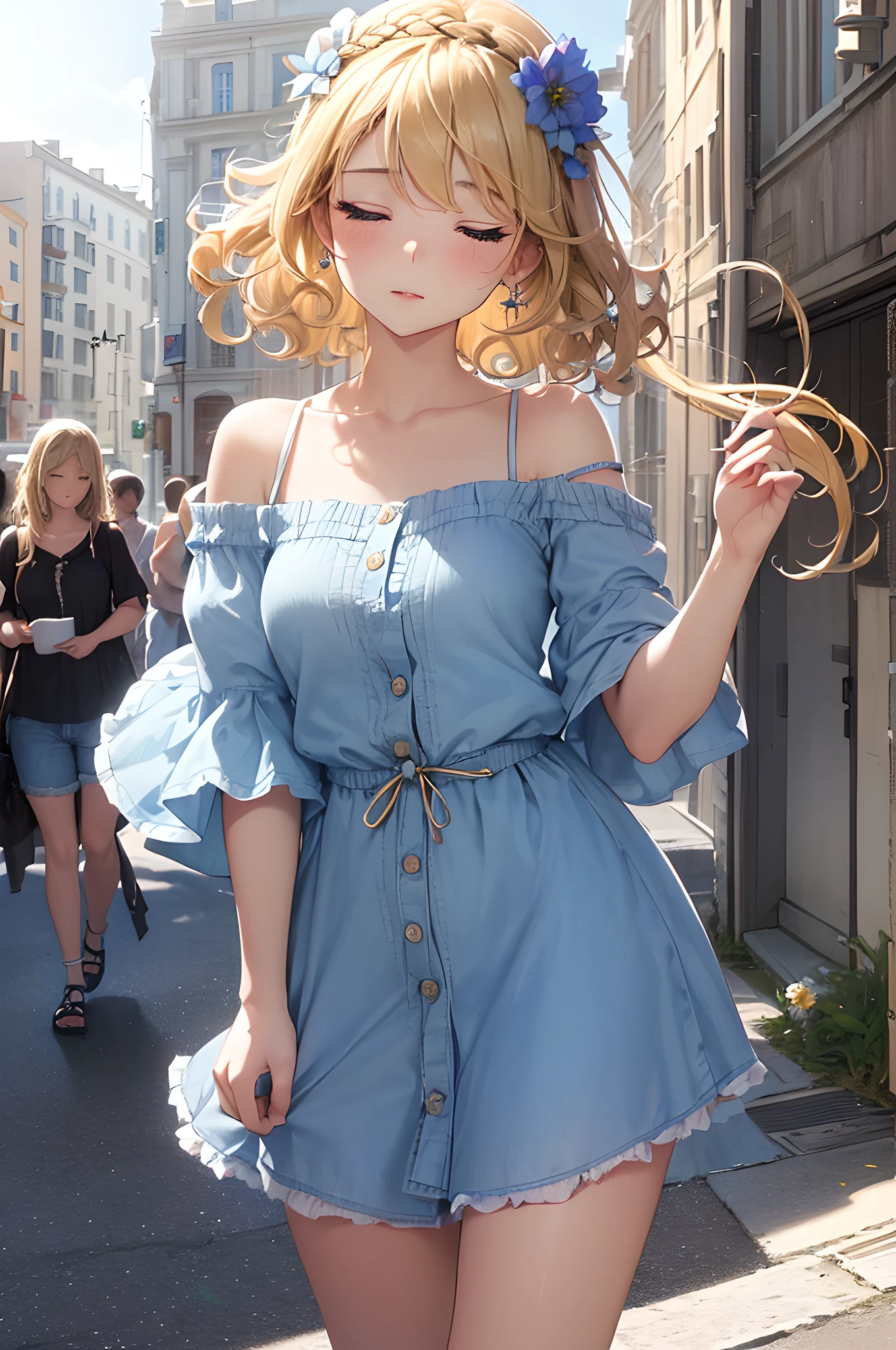 (masterpiece), (portrait), (aesthetic), (beautiful), (upper blody), (high quality), (aesthetic clothings), (professional angle), (rule of thirds), (Feminine), (woman), (female), (beautiful),(feminine features), (21 years), solo, 1 woman, (attractive French), Summer, (Floating Soap Bubbles), (Morning), (Bright light), ((Blowing Bubbles)), (Extending Arm Hands), ((Looking Upwards Face)), ((Playful)), (Soft and Subtle Make-up), (Petite Bust), (Straw Hat), ((Short Hair)), (Blonde Hair), (Curly Hair), (Messy Updo hair), (Flower Crown in Hair), (Closed Eyes), (Blue Eyes), (Chic Look), Medium skin, (Ruffled Sleeves Clothing), (Sundress), (Cardigan), (Denim Shorts ), (Off-shoulder Neckline), ((Urban Street background)), (Full Shot Shot),