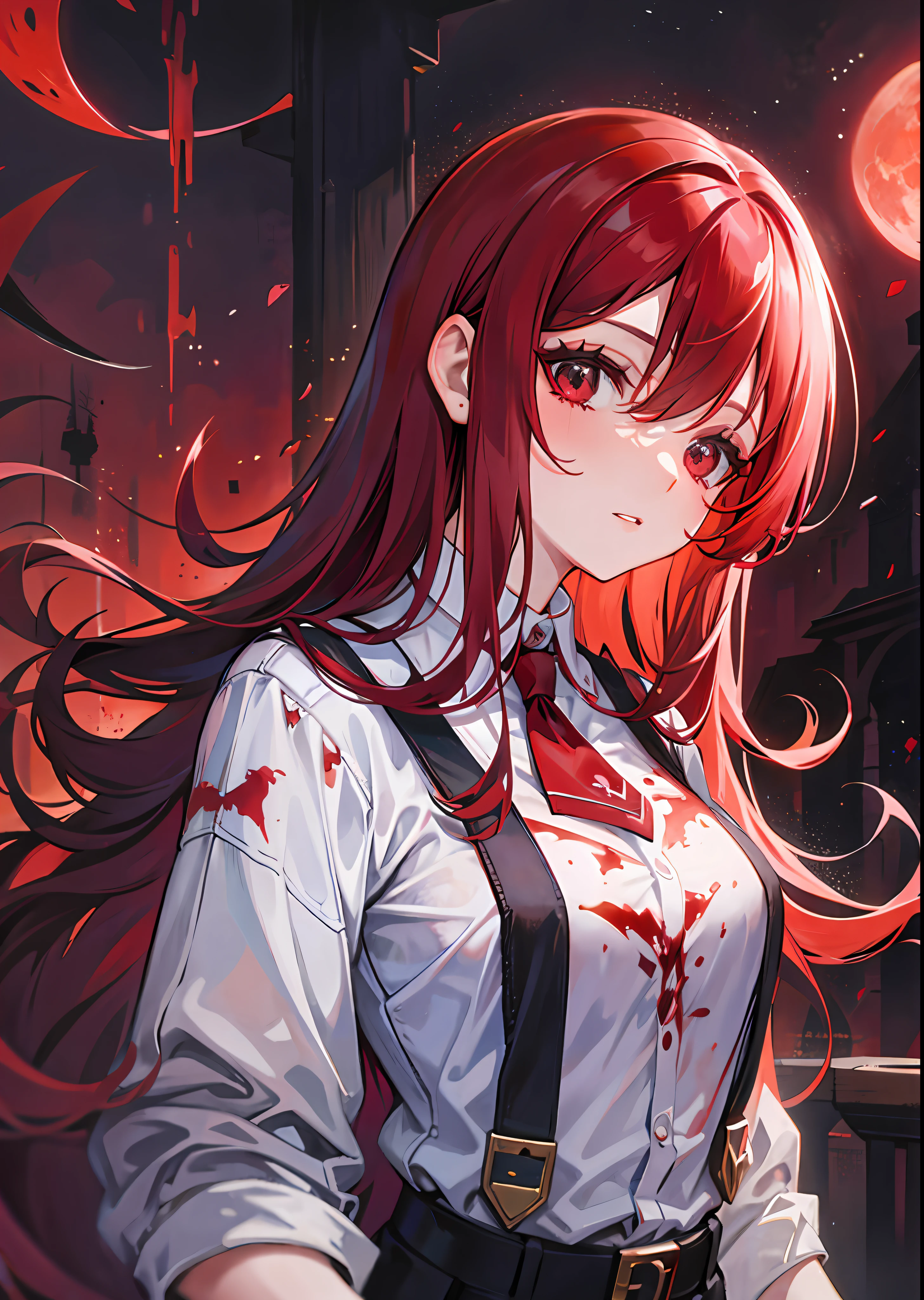 Red-haired heroine with a slightly sideways face, clothes stained with blood, red moon, bat