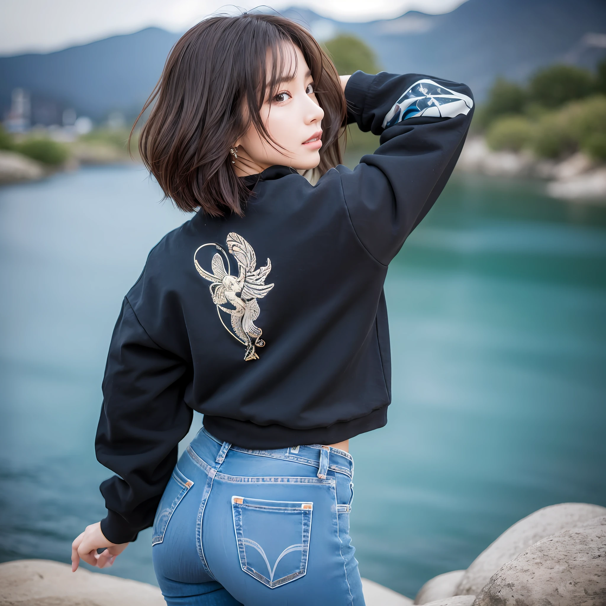 Ultra realistic details, sharp focus, detail skin, (21 year old cute Japan girl: 1.2), (KPOP idol: 1.2), 1 girl,
(__location__),
(Big),Top Quality,Masterpiece,Ultra High Definition,Beautiful,Raw Photo,Natural Light,Government,G18,Perfect Body Shape Woman 1.4, Short Hair, Piercings, Accessories, River, Rock, Black Tracksuit, Back Shot, Big Ass, Jeans