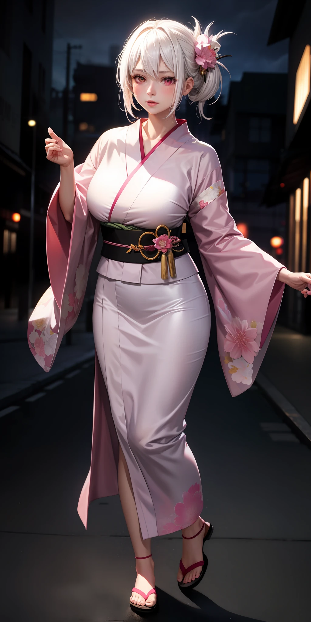 Realistic, 1girl, white hair, glowing eyes, pink kimono, blush, night, full body, big chest