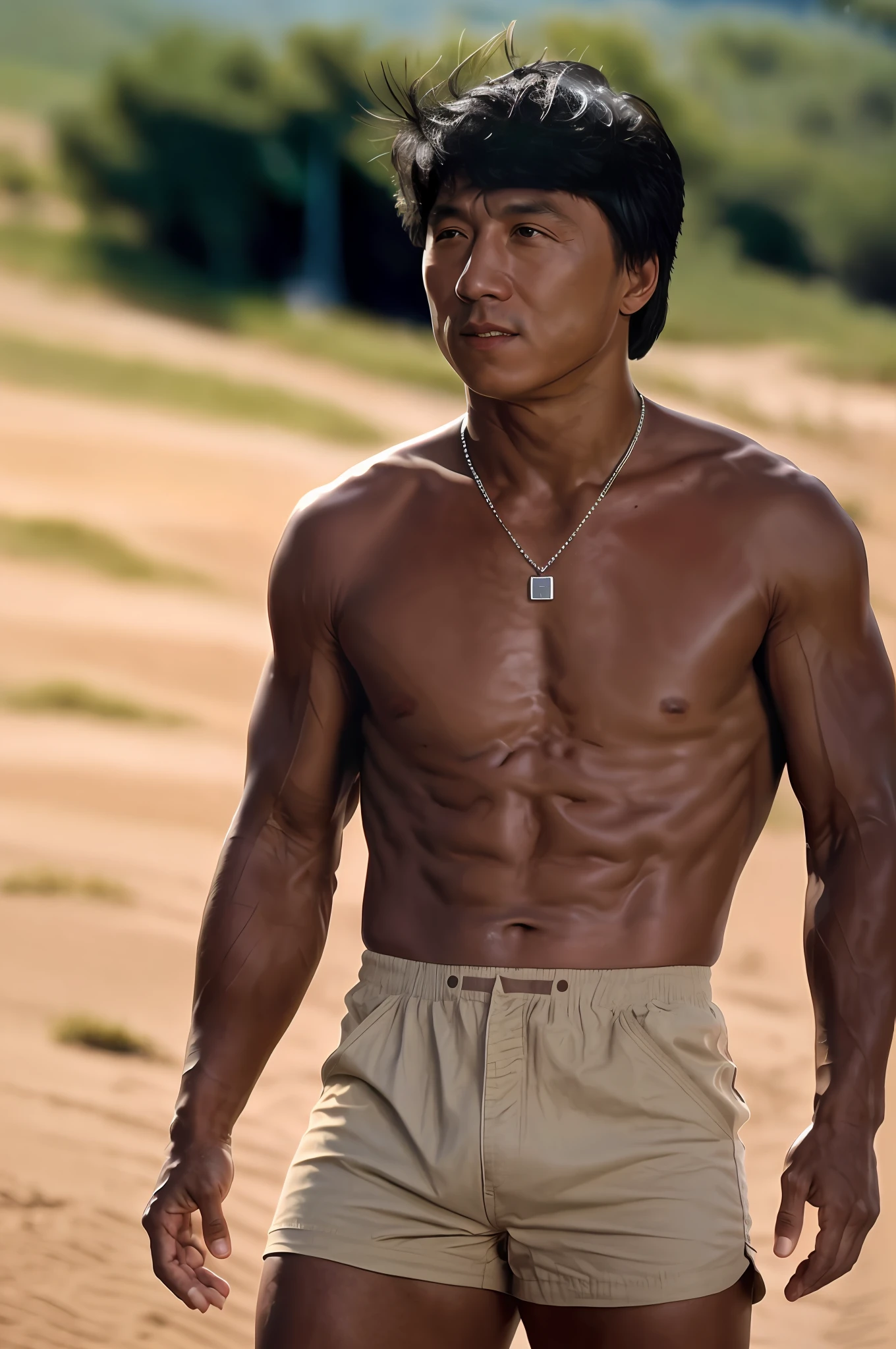 1980s portrait, jchan, 1man, body set, military dogtag necklace between pecs, full body shot, military uniform, dirt, dirt on body, tanned skin, body hair, high detailed skin: 1.2), masterpiece, best quality, 8k, HD, high resolution, DSLR, high quality, Fujifilm XT3, film grain, award-winning, as trend at artstation