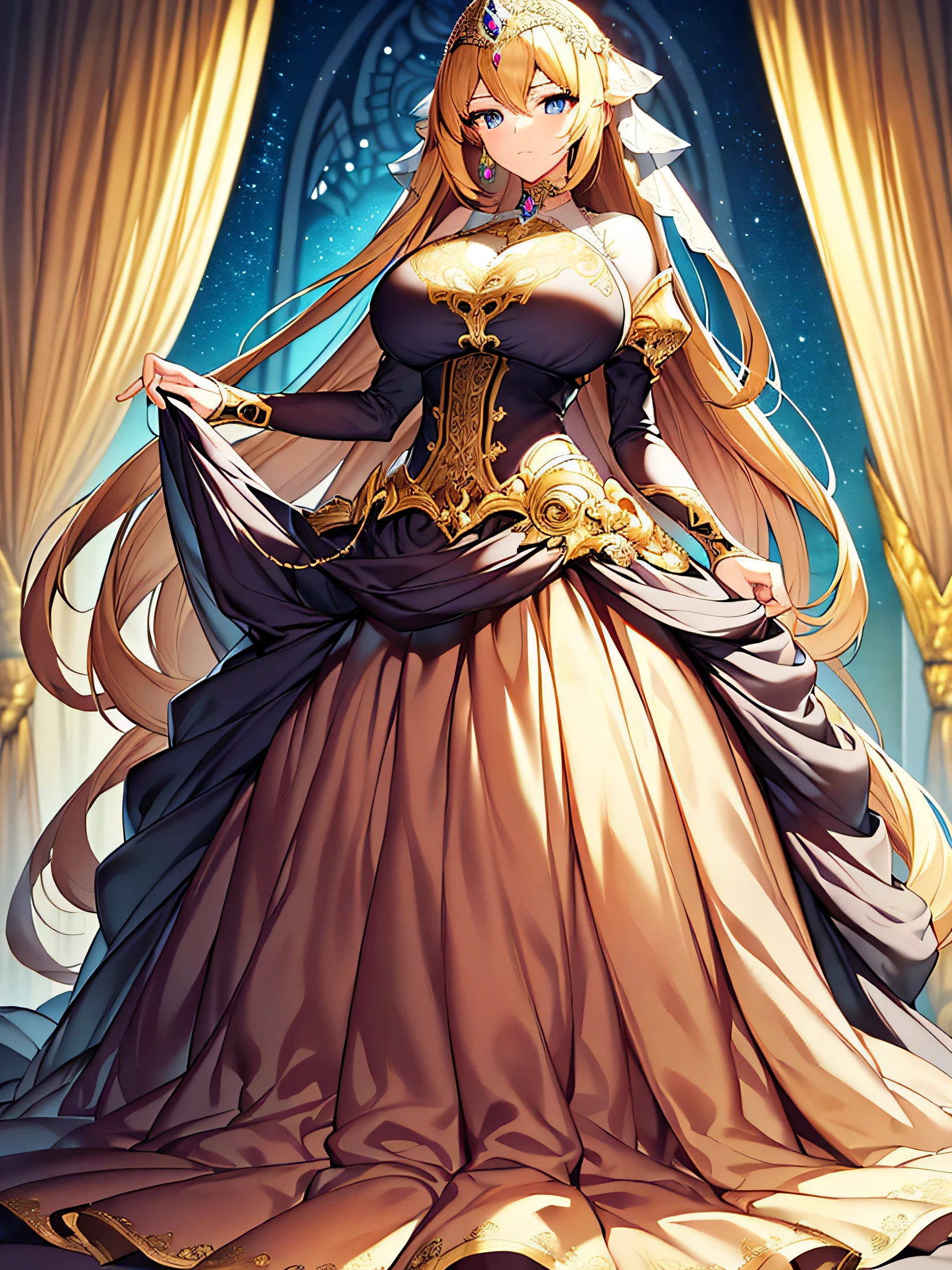 ((anime moe artstyle)),(Masterpiece),(Best Quality), (Super Detail),Illustration,((Very Delicate and Beautiful)),Focus on character,Dynamic Angle,Looking at viewer,(((Solo))),((Full body)),(((one gorgeous princess in ball gown with a voluminous skirt))),detailed face and eyes,jewel-like eyes,(Very Long Hair),gorgeous embroidery and lace,See-through,ornate ruffles,(gigantic breasts,Long breasts),jeweled ball gown,(gorgeous ball gown with a voluminous skirt),((lift up the hem of dress)),