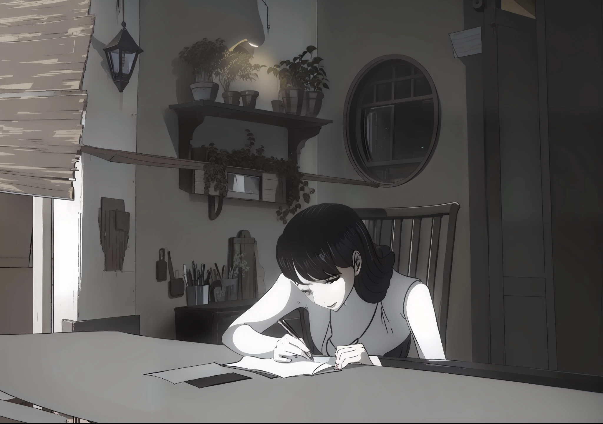 A woman sits at a table on a balcony writing a letter
