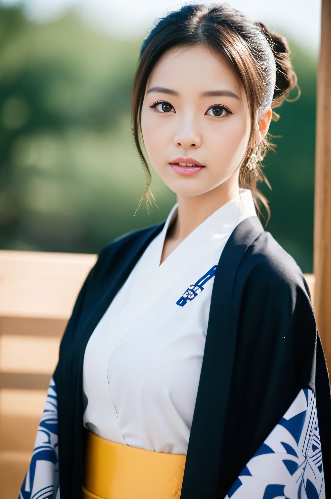 ((Best Quality, 8K, Masterpiece: 1.3)), Sharp Focus: 1.2, (Super Beautiful Face: 1.0), (Glossy Skin: 1.0), Realistic Photos, Black Hair, Realistic Pupils, Movie Lighting, Highly Detailed Eyes and Faces, Movie Lighting, (Cowboy Shot: 1.0), (Kimono, Hakama, Obi: 1.3), (japanese Cute Actress)