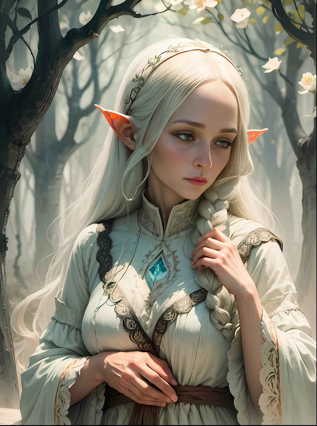 A captivating professional color image of a Elven grandmother she is wearing a long gown made from thick cotton that covers all of her body, shyhad long soft flowing white hair, crafted in a masterful blend of the unique artistic styles inspired by Amy Brown, Daria Petrilli, and Andrea Kowch. This remarkable image showcases the delicate fusion of soft colour, inks, resulting in a harmonious composition. The piece emanates a soft whimsical aura, --auto --s2