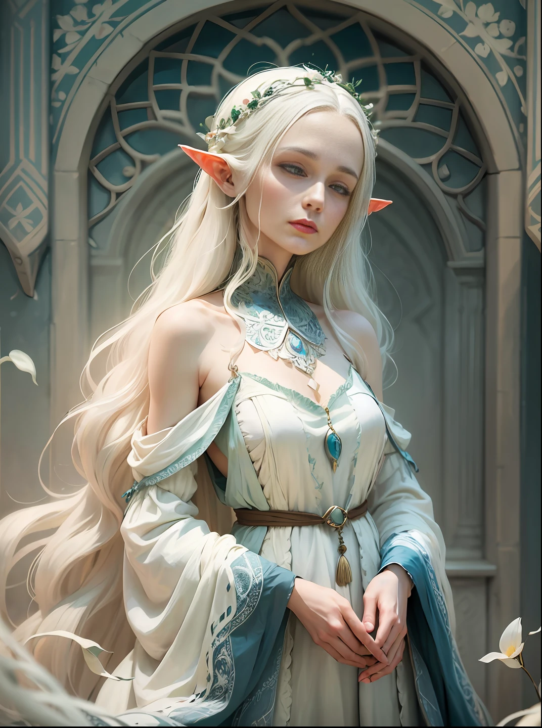 A captivating professional color image of a Elven grandmother she is wearing a long gown made from thick cotton that covers all of her body, shyhad long soft flowing white hair, crafted in a masterful blend of the unique artistic styles inspired by Amy Brown, Daria Petrilli, and Andrea Kowch. This remarkable image showcases the delicate fusion of soft colour, inks, resulting in a harmonious composition. The piece emanates a soft whimsical aura, --auto --s2
