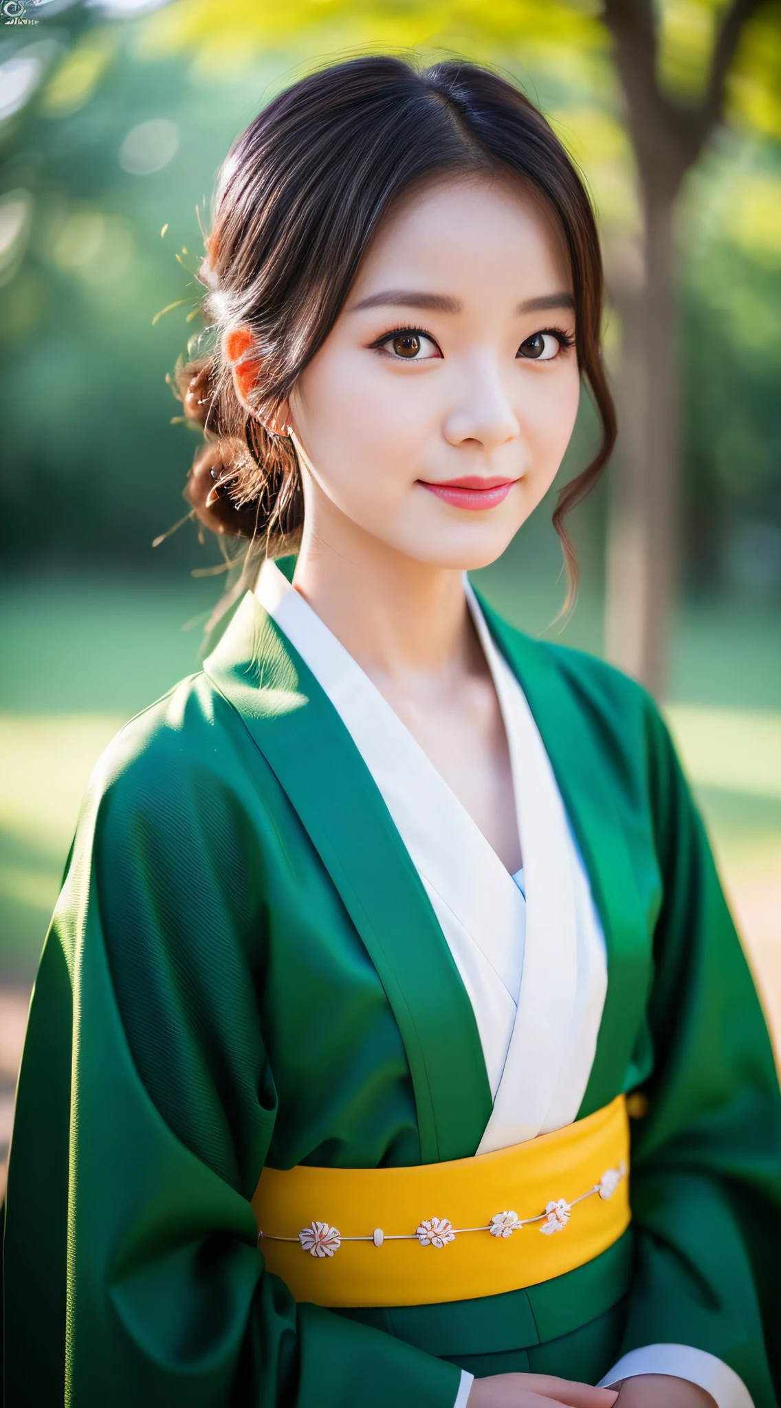 ((Top Quality, 8K, Masterpiece: 1.3)), Sharp Focus: 1.2, (Super Beautiful Face: 1.0), (Slender Abs Beauty: 1.0), (Shiny Skin: 1.0), Realistic Photography, Black Hair, Realistic Pupils, Video Lighting, High Definition Eyes and Face, Video Lighting, (Cowboy Shot: 1.3), (kimono, hakama, obi: 1.4), (Korean Cute Actress), in nature, traditional kimono, happy, Looking at the audience, head on,
