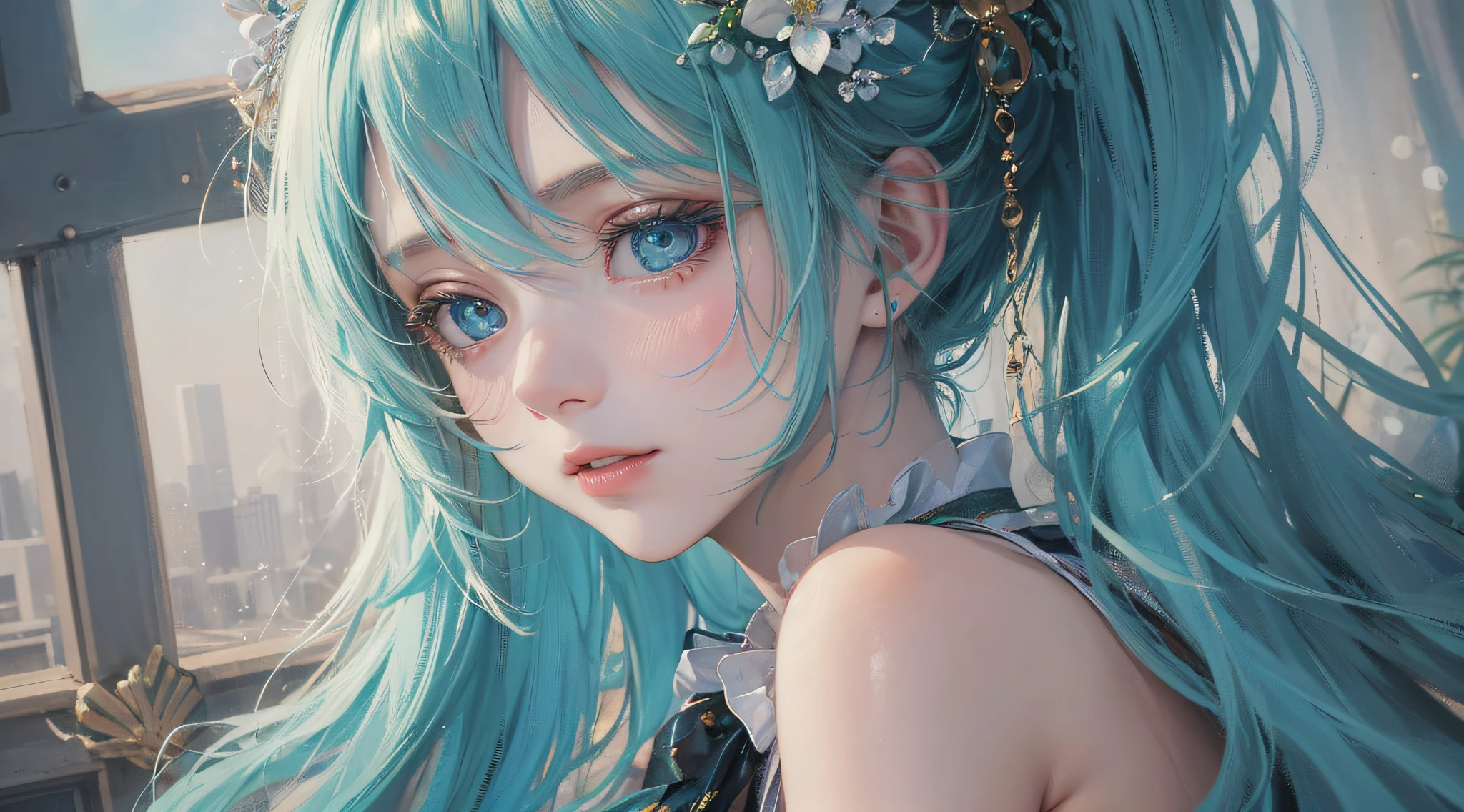 1, masterpiece, dreamy, complex details, studio photography, cinematic light, high brightness, depth of field, bright, light, pastel, colorful, vibrant, bright, sunny, bright and vibrant, high-key, vivid, depth of field,
1 girl, (Hatsune Miku: 1.5), long hair, shiny hair, upper body, bright particles, green glowing note hair clip flowers, blue eyes, bright ornaments, red tattoo (00 on shoulder), strap slip, blue hair, hands on their own cheeks, solo girl, Hatsune Miku, high quality, high resolution,